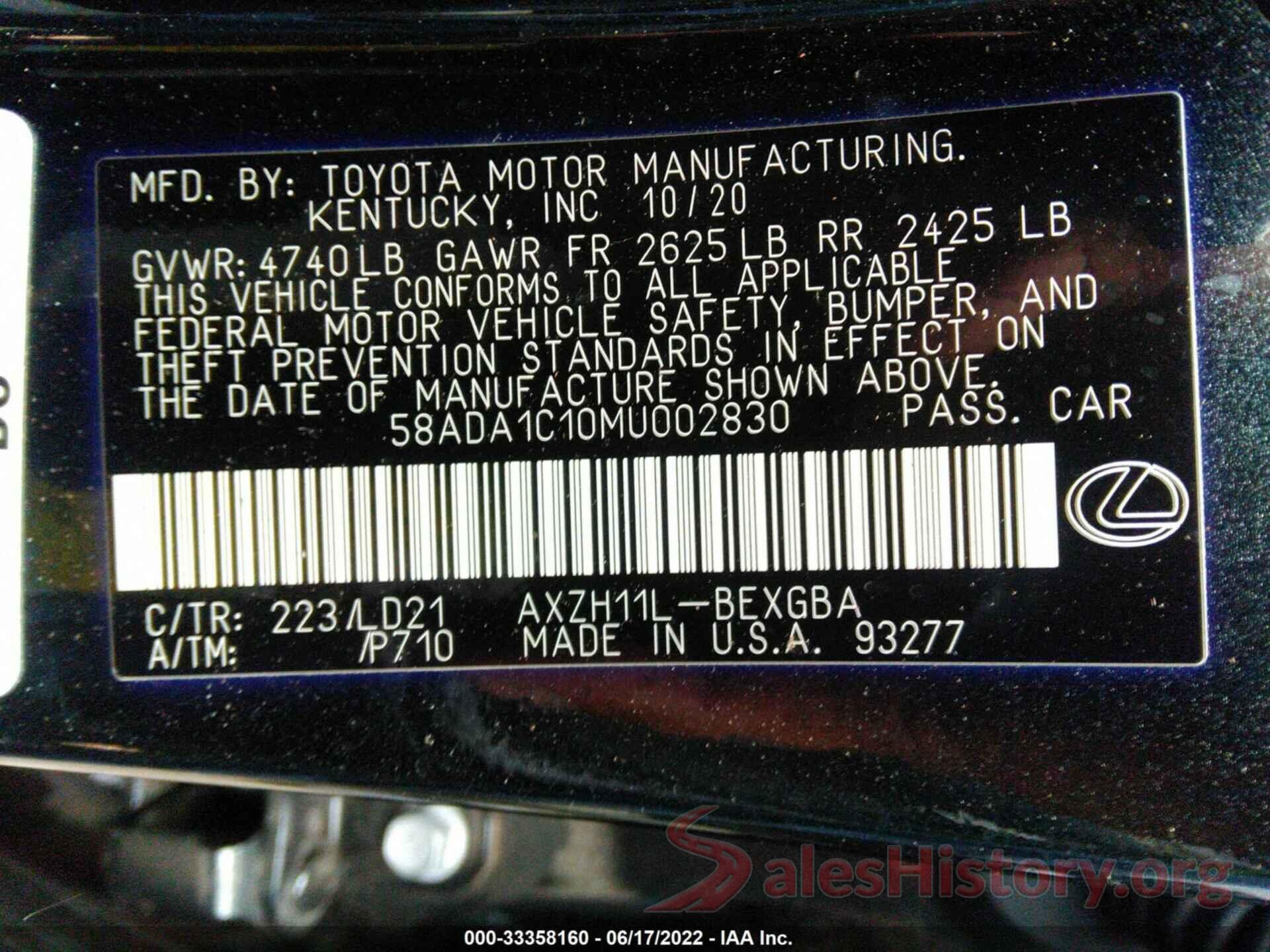 58ADA1C10MU002830 2021 LEXUS ES