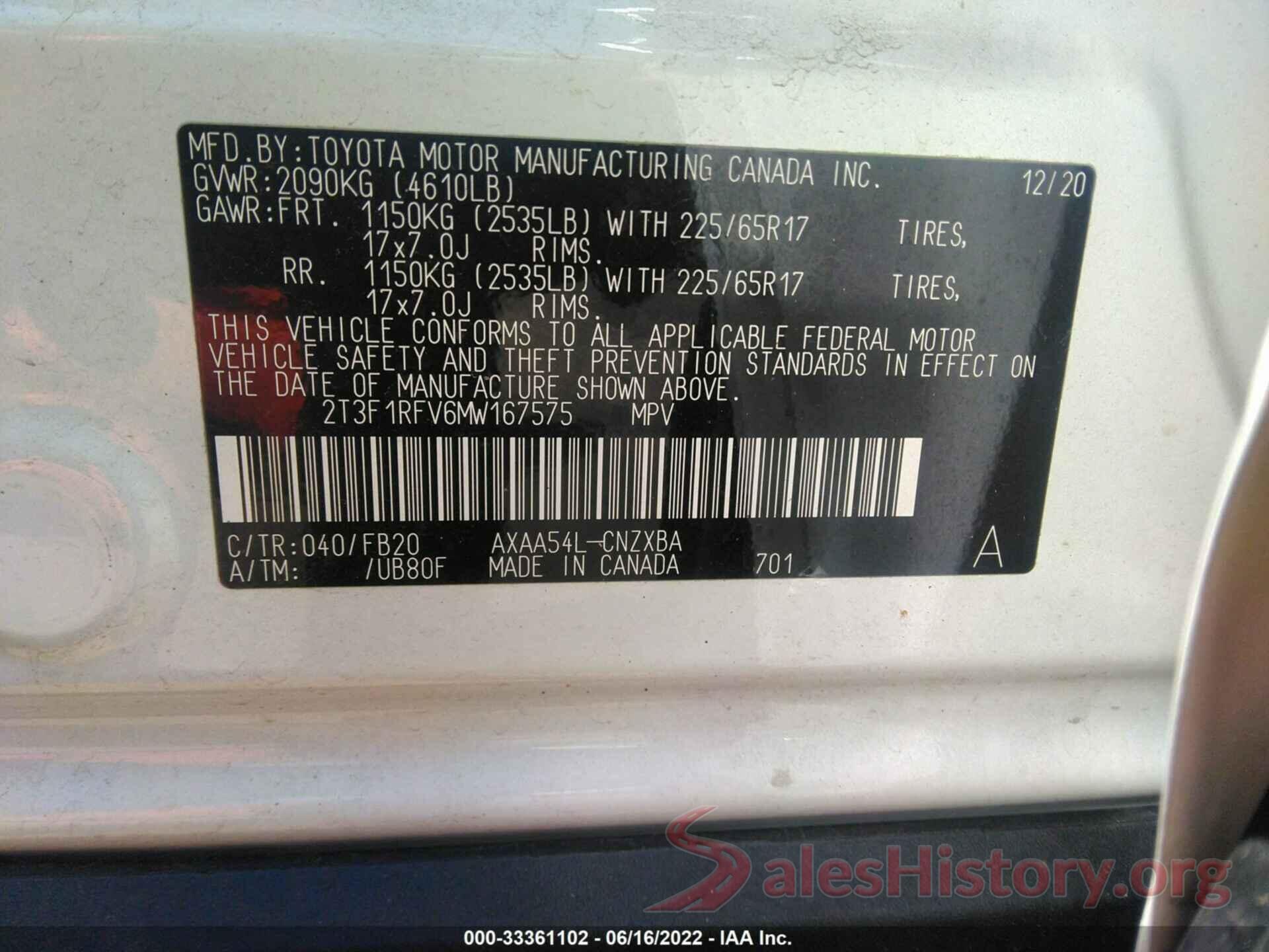 2T3F1RFV6MW167575 2021 TOYOTA RAV4