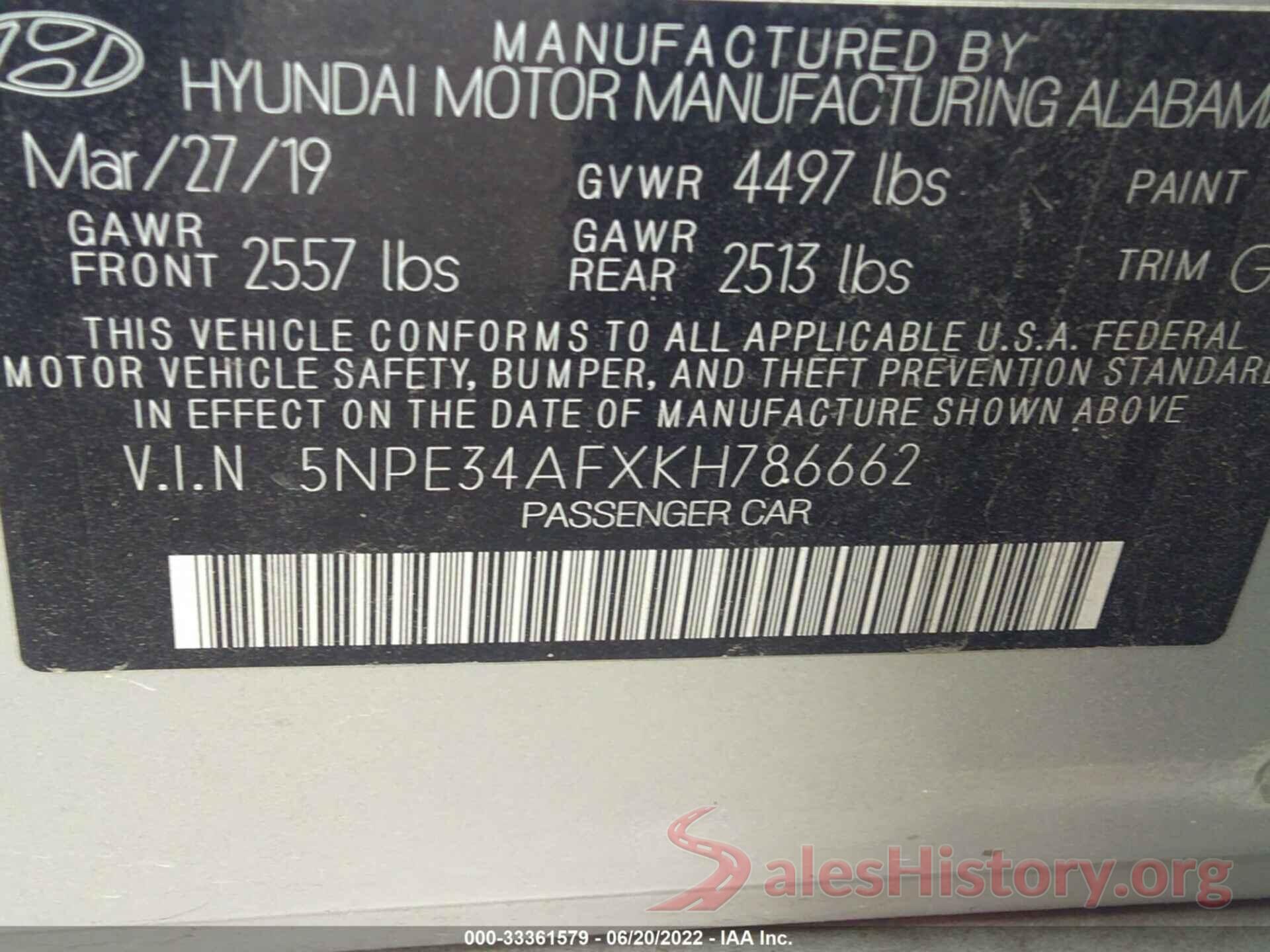 5NPE34AFXKH786662 2019 HYUNDAI SONATA