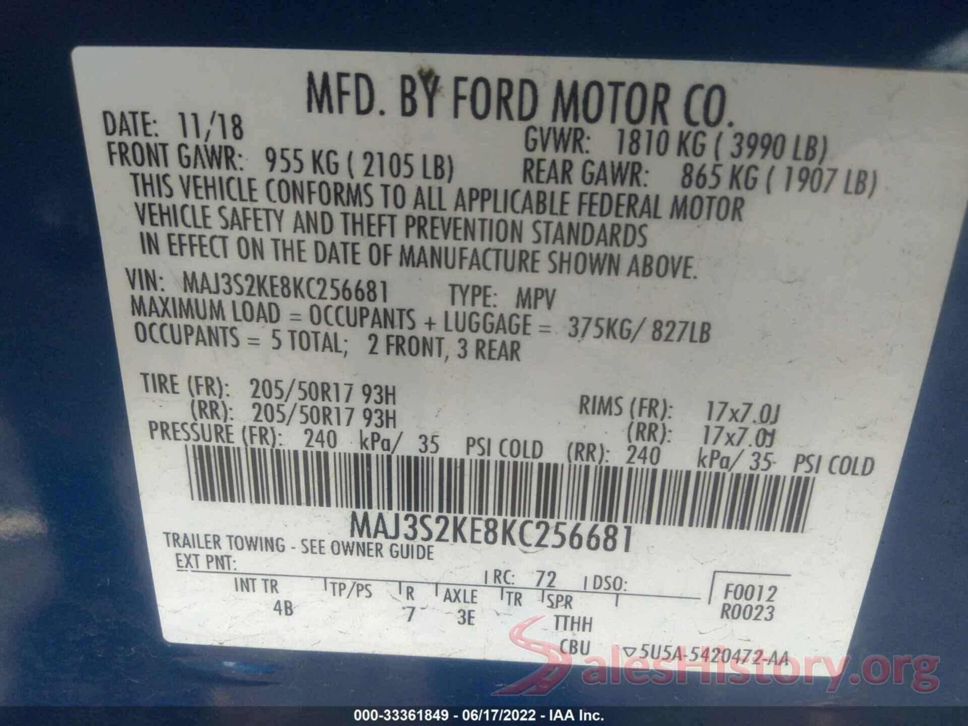 MAJ3S2KE8KC256681 2019 FORD ECOSPORT