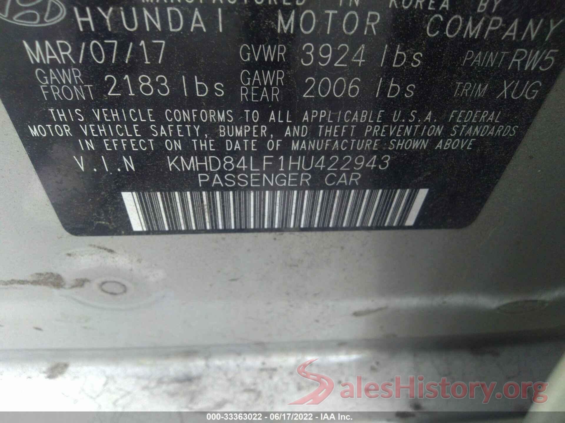 KMHD84LF1HU422943 2017 HYUNDAI ELANTRA