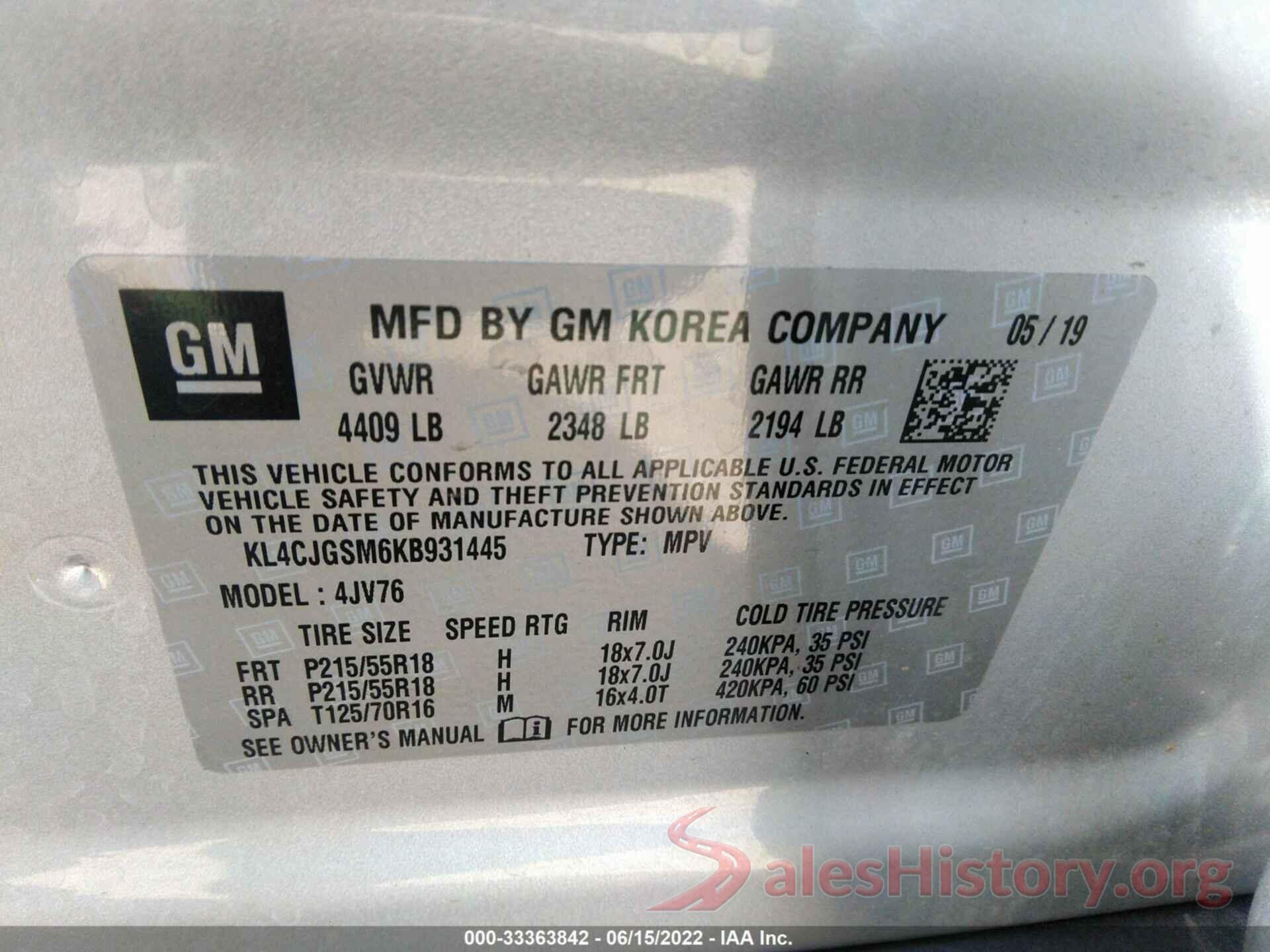 KL4CJGSM6KB931445 2019 BUICK ENCORE