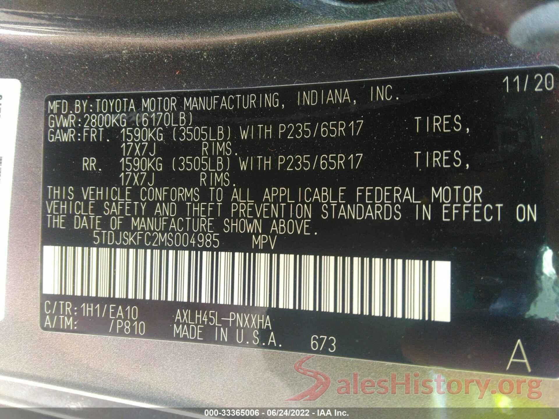 5TDJSKFC2MS004985 2021 TOYOTA SIENNA