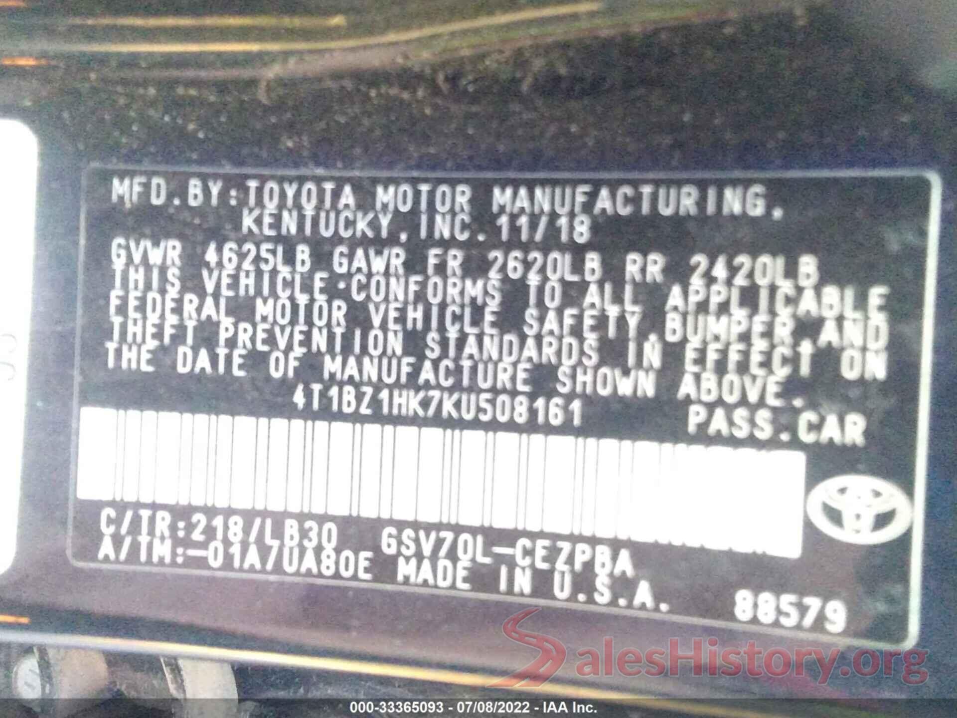 4T1BZ1HK7KU508161 2019 TOYOTA CAMRY