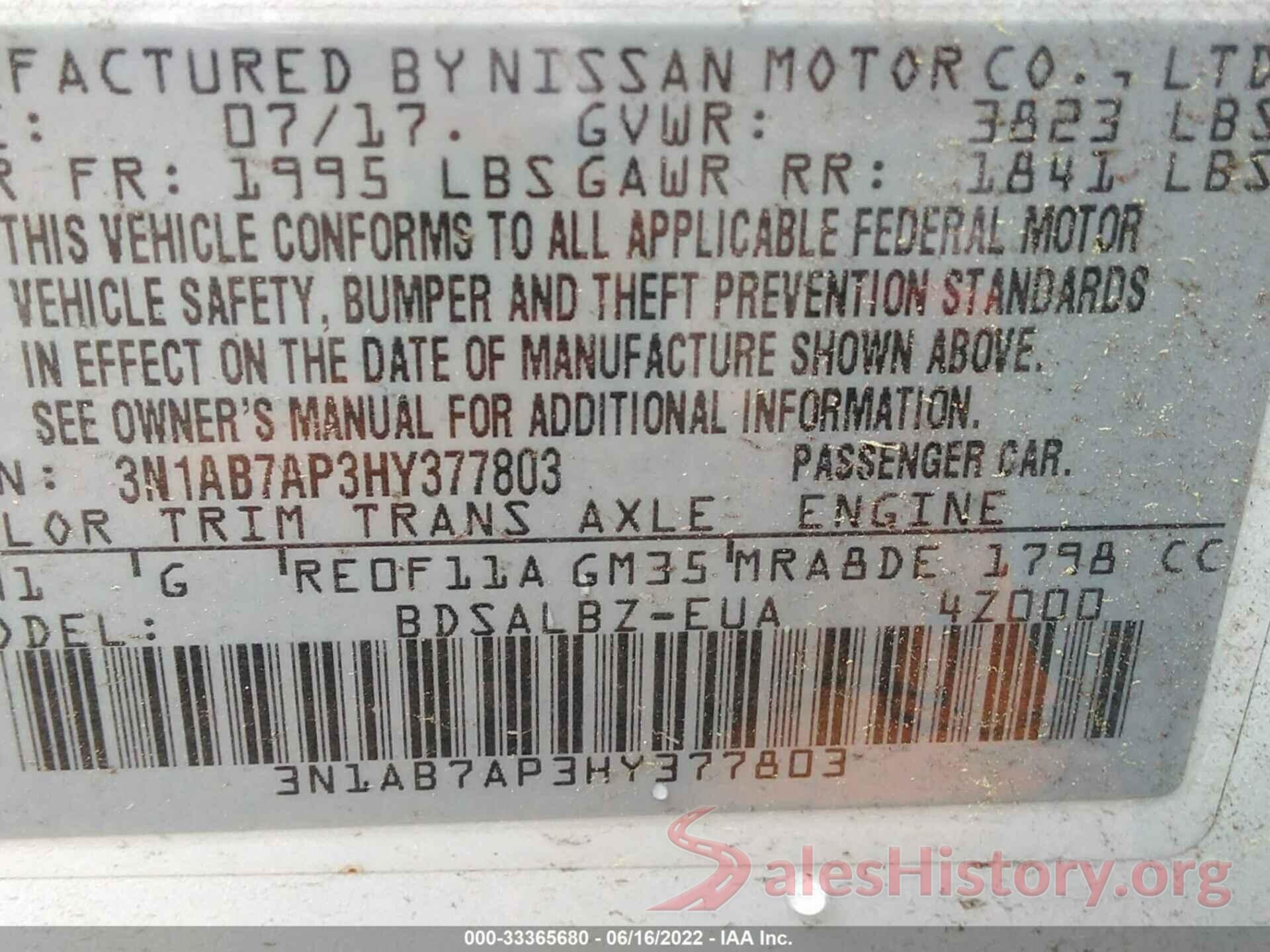 3N1AB7AP3HY377803 2017 NISSAN SENTRA