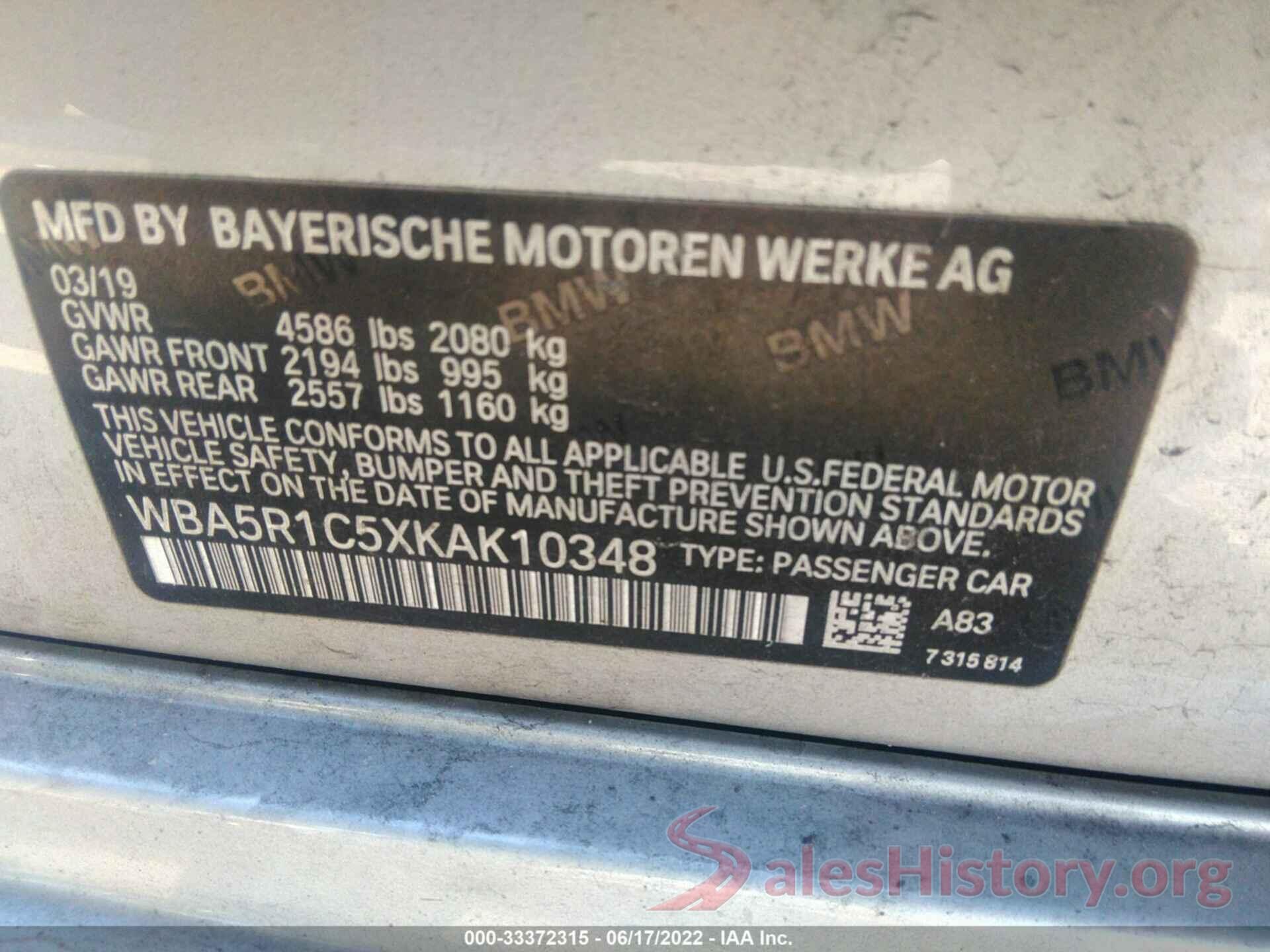 WBA5R1C5XKAK10348 2019 BMW 3 SERIES