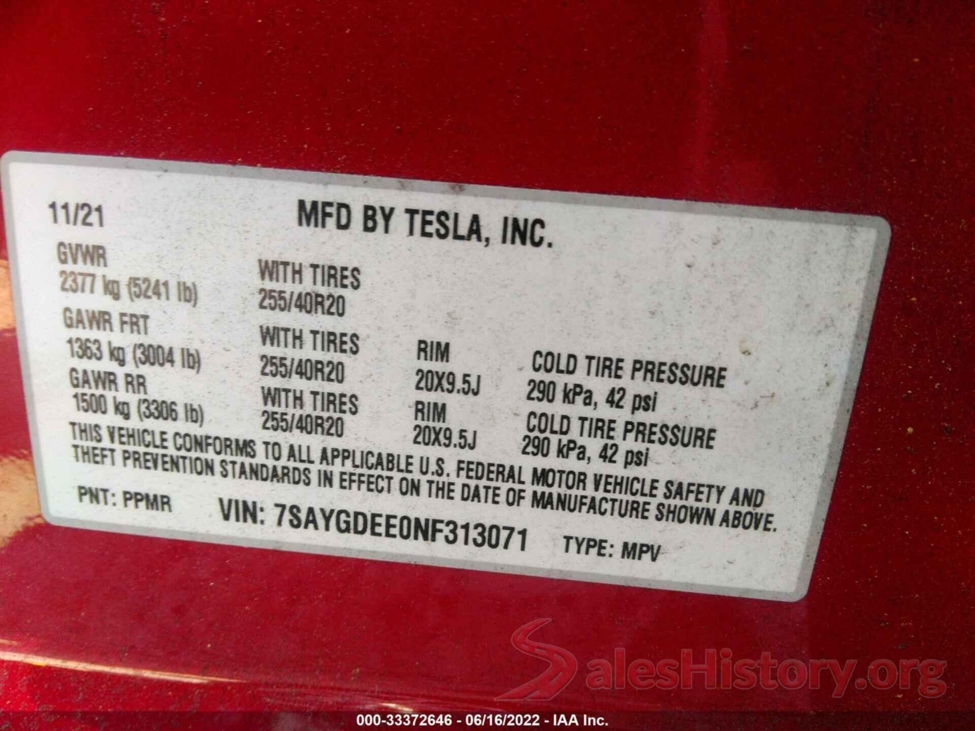 7SAYGDEE0NF313071 2022 TESLA MODEL Y