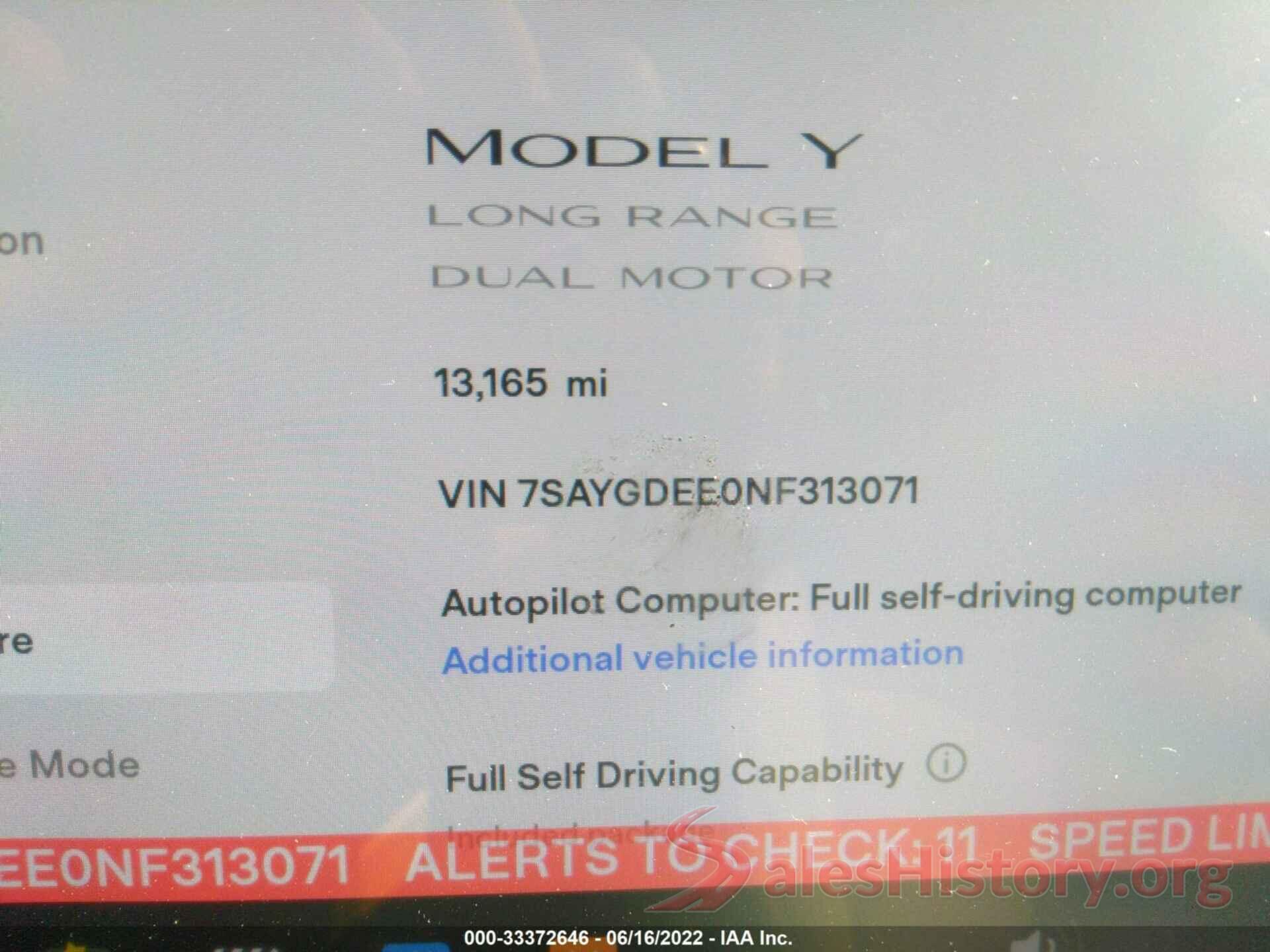 7SAYGDEE0NF313071 2022 TESLA MODEL Y