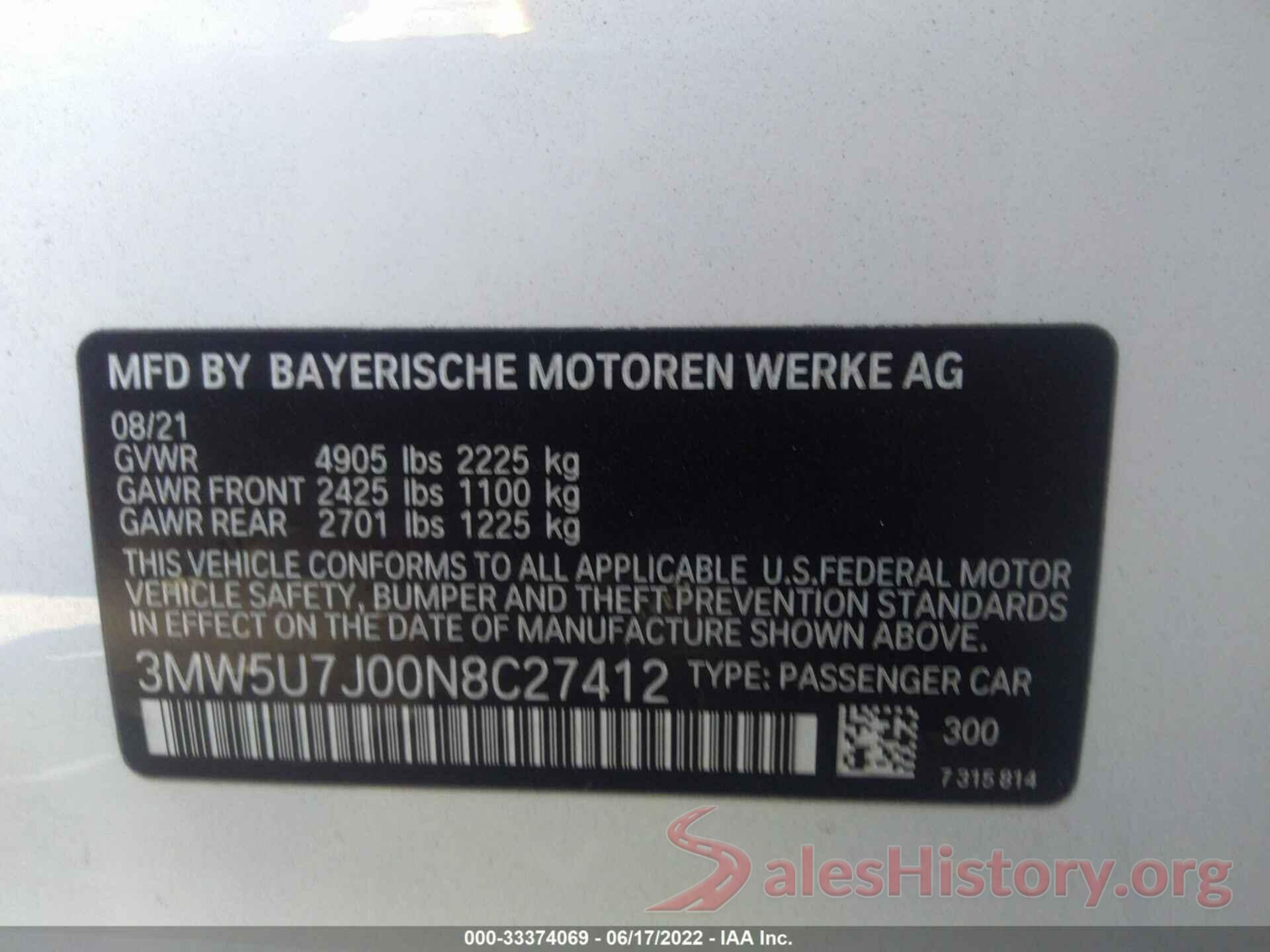 3MW5U7J00N8C27412 2022 BMW 3 SERIES