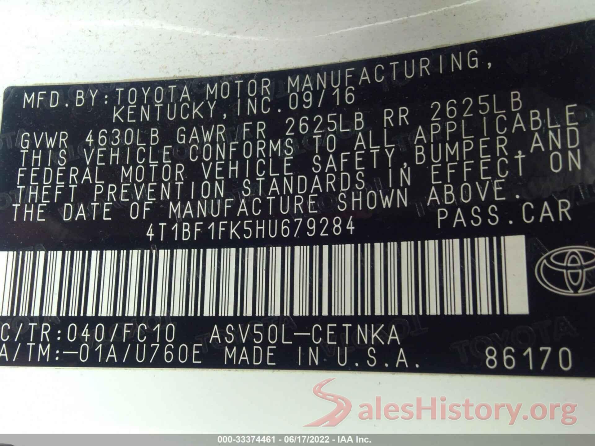 4T1BF1FK5HU679284 2017 TOYOTA CAMRY