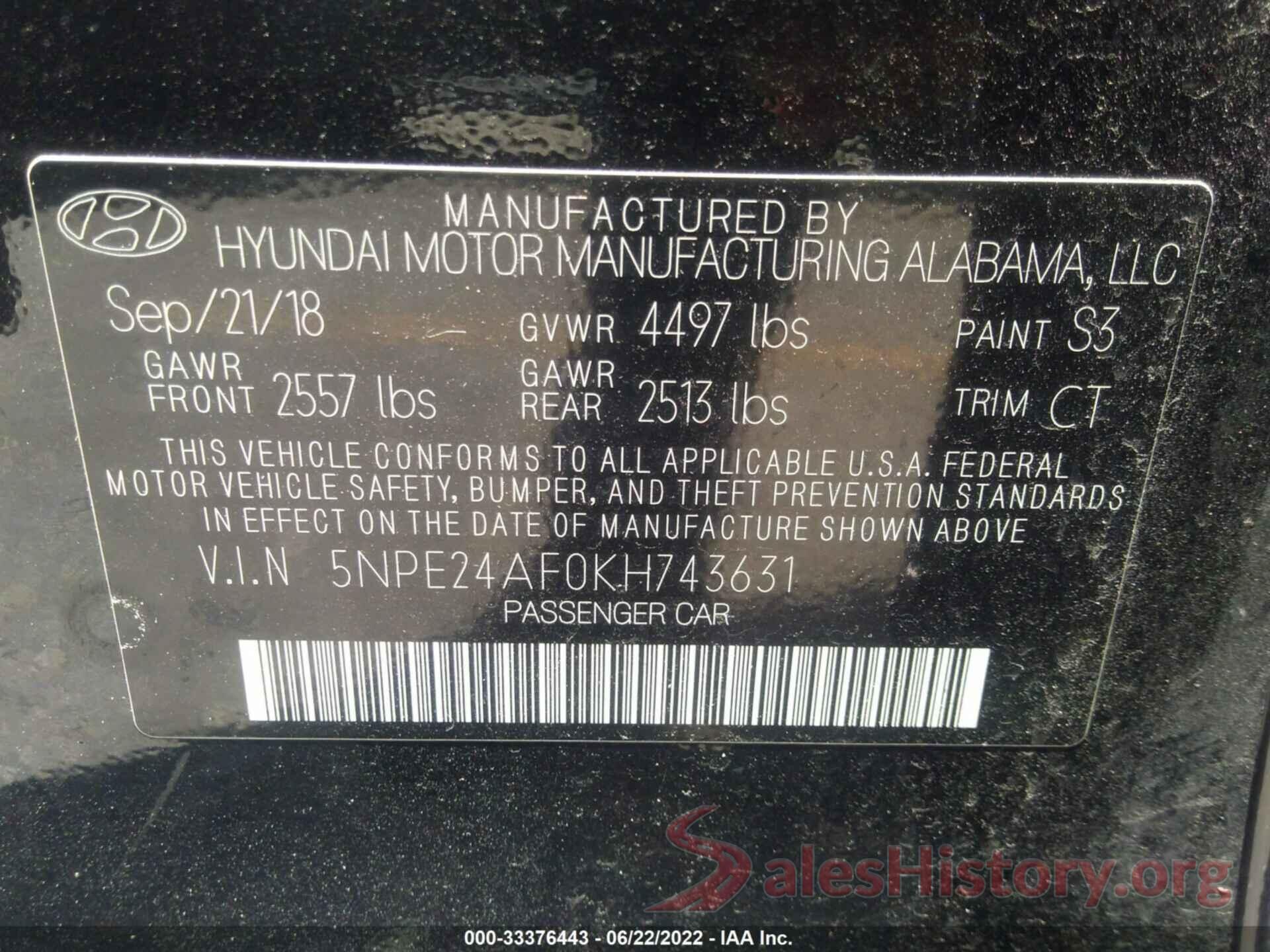 5NPE24AF0KH743631 2019 HYUNDAI SONATA