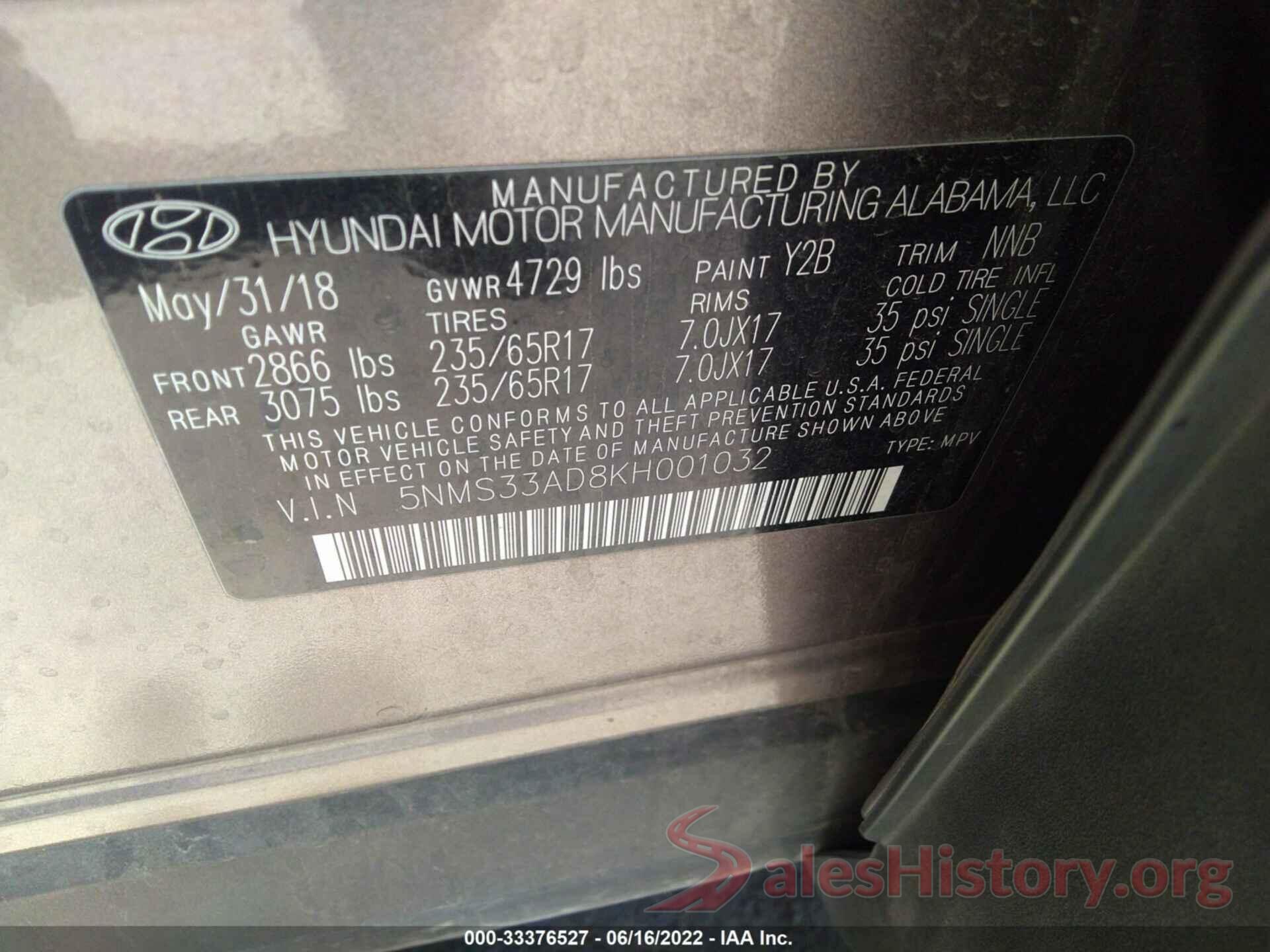 5NMS33AD8KH001032 2019 HYUNDAI SANTA FE