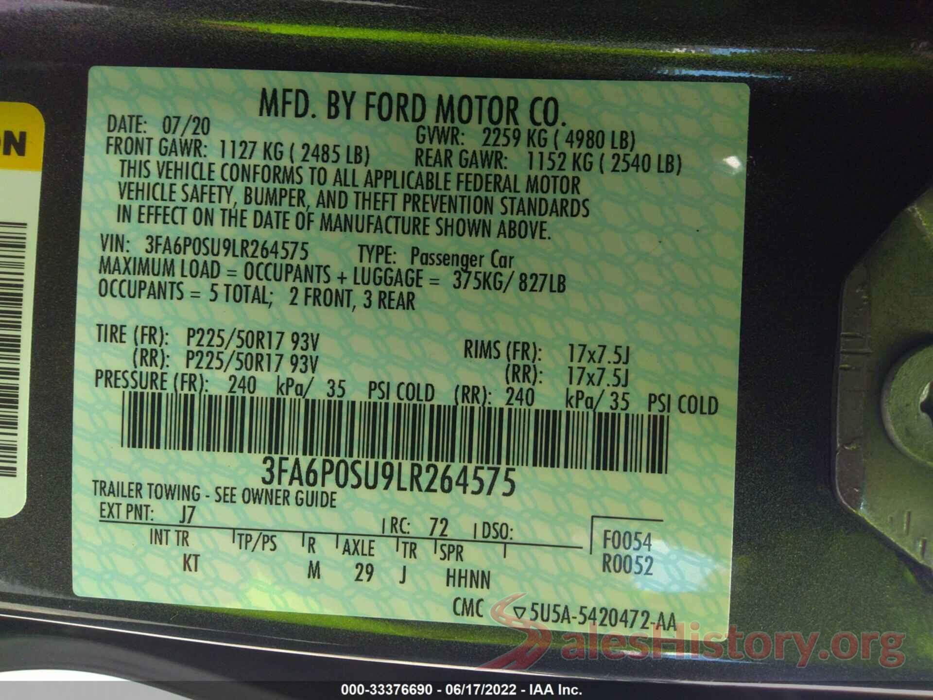 3FA6P0SU9LR264575 2020 FORD FUSION ENERGI