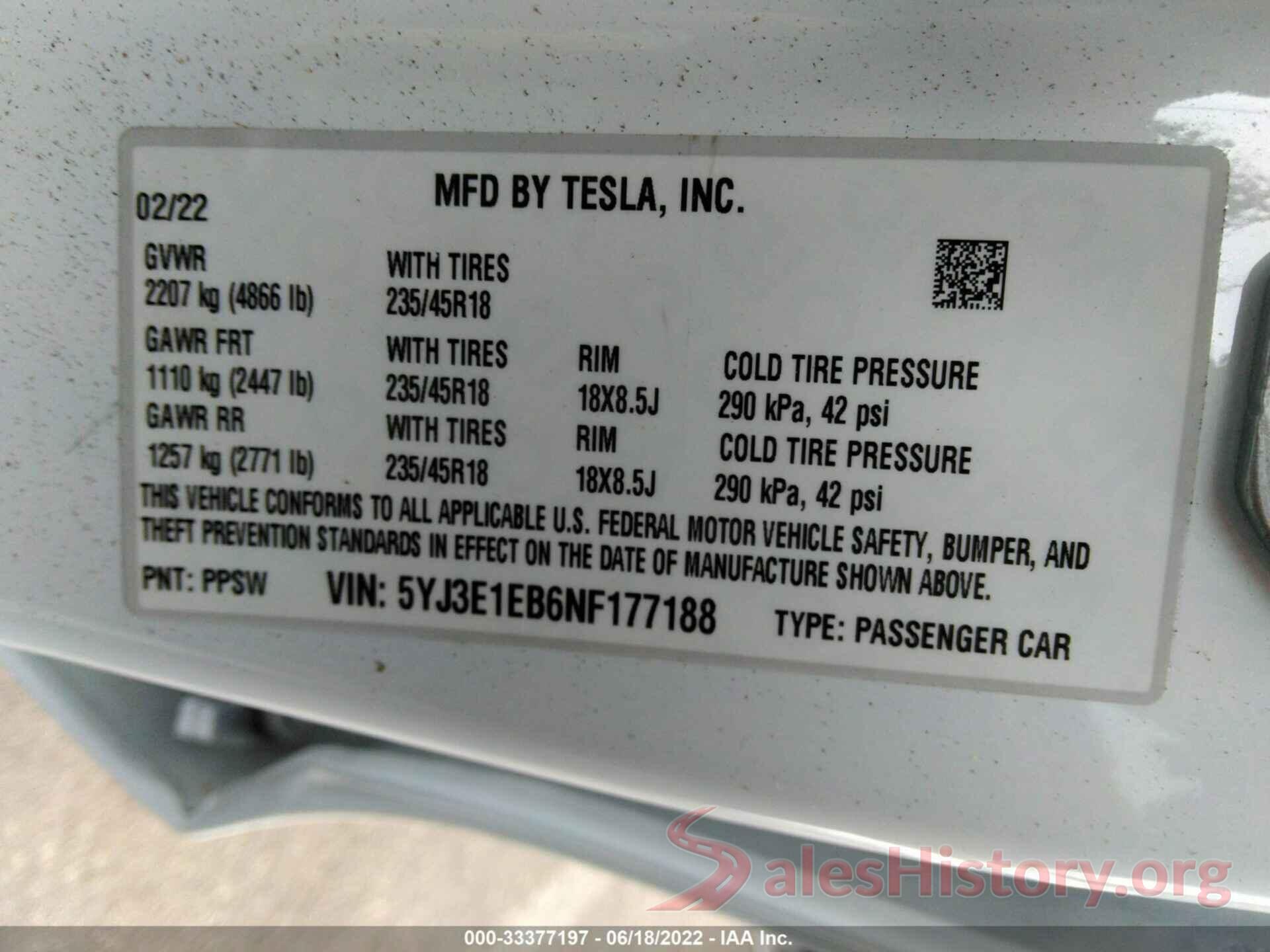 5YJ3E1EB6NF177188 2022 TESLA MODEL 3