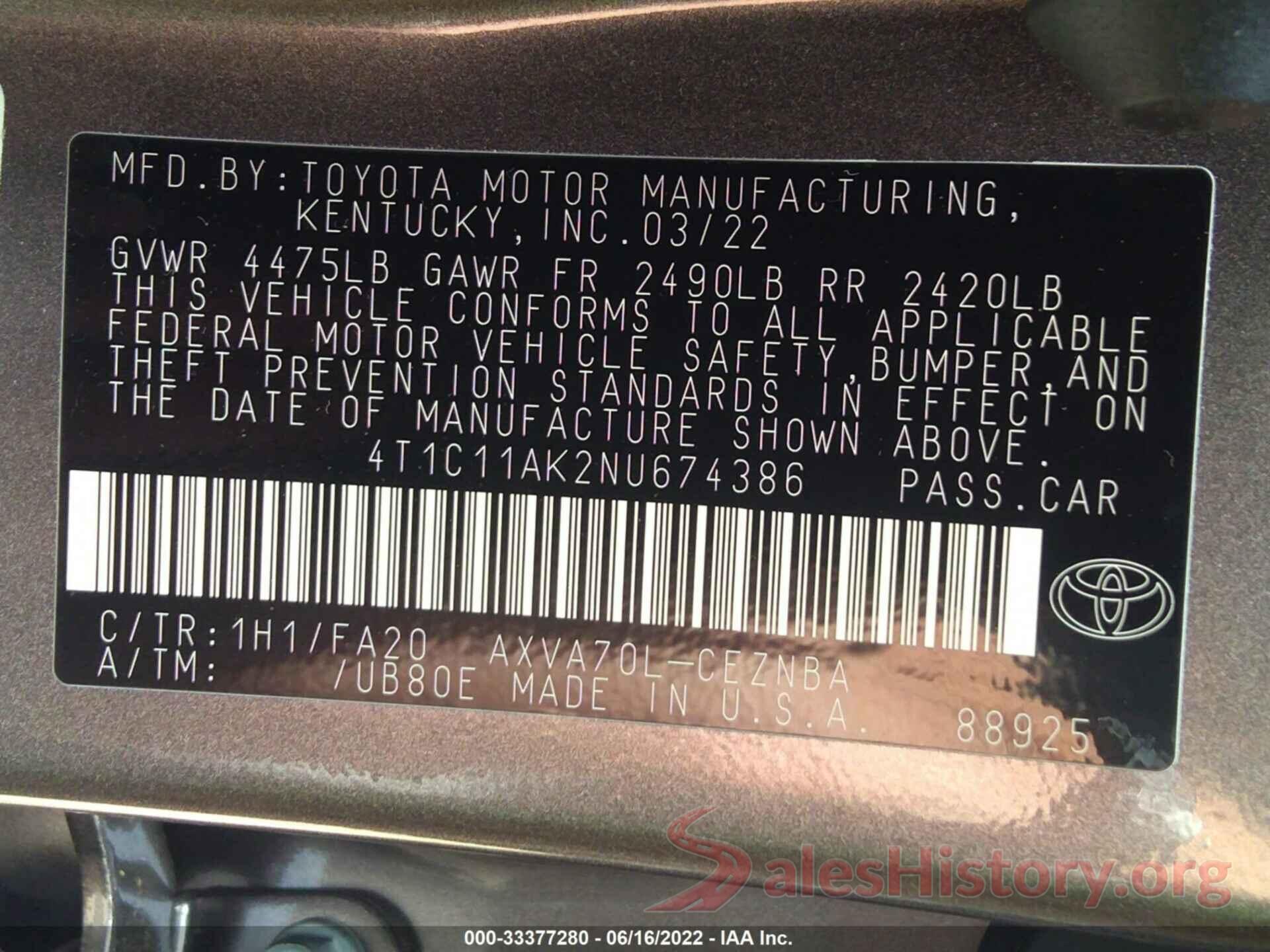 4T1C11AK2NU674386 2022 TOYOTA CAMRY