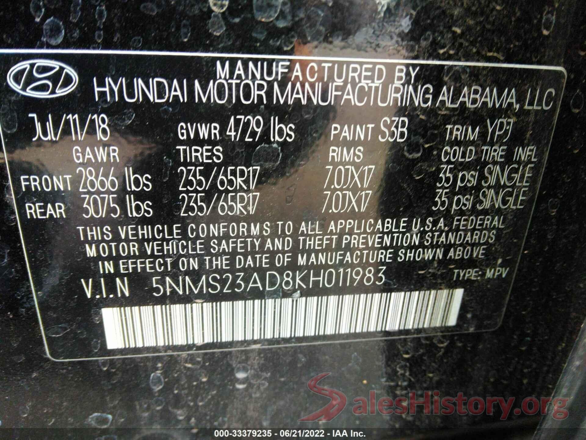 5NMS23AD8KH011983 2019 HYUNDAI SANTA FE