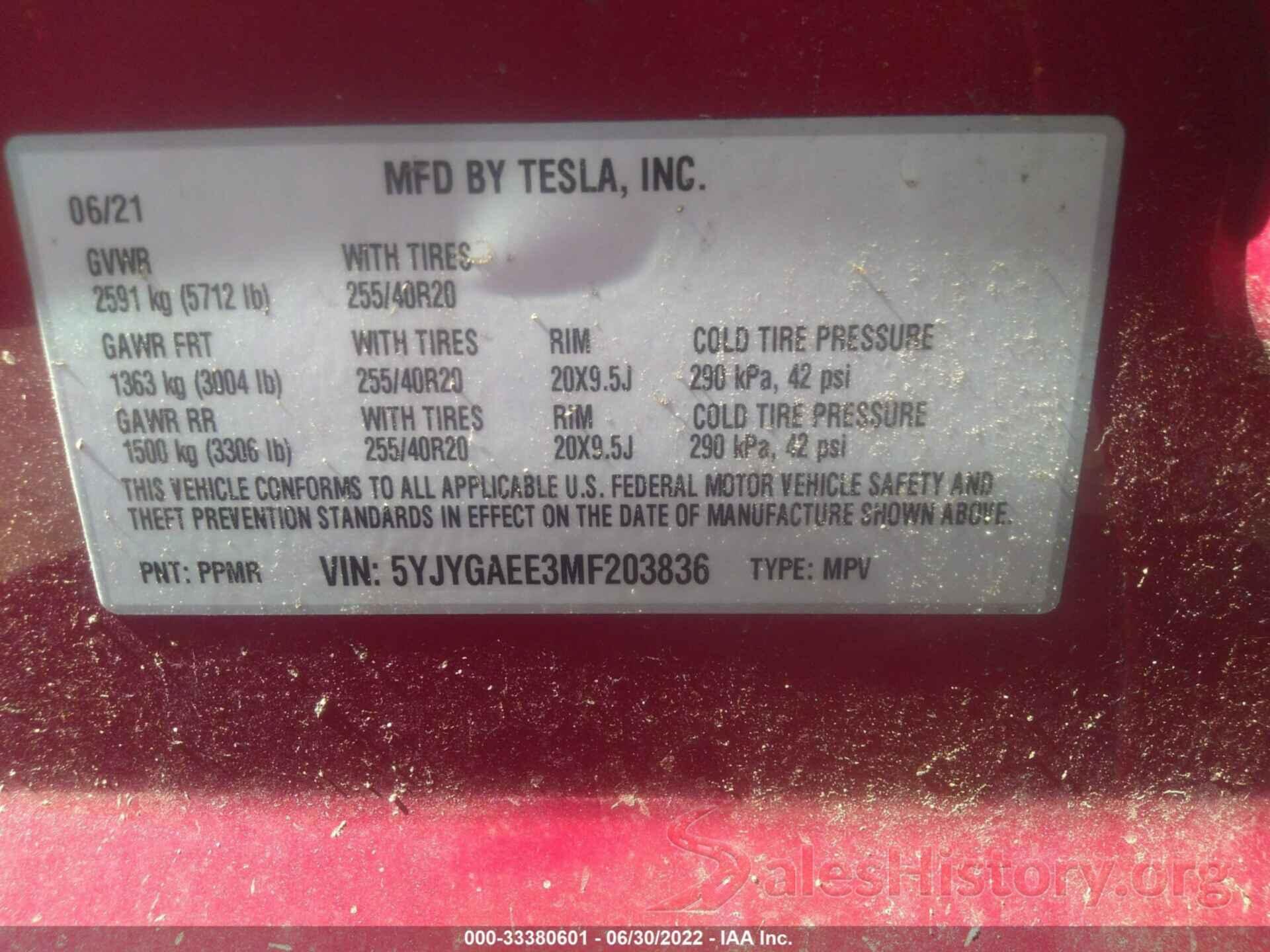 5YJYGAEE3MF203836 2021 TESLA MODEL Y