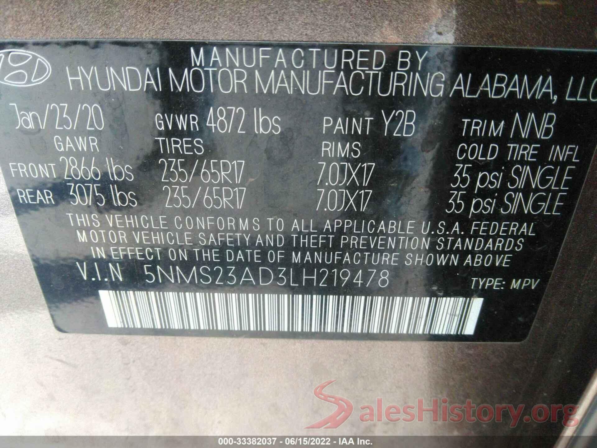 5NMS23AD3LH219478 2020 HYUNDAI SANTA FE