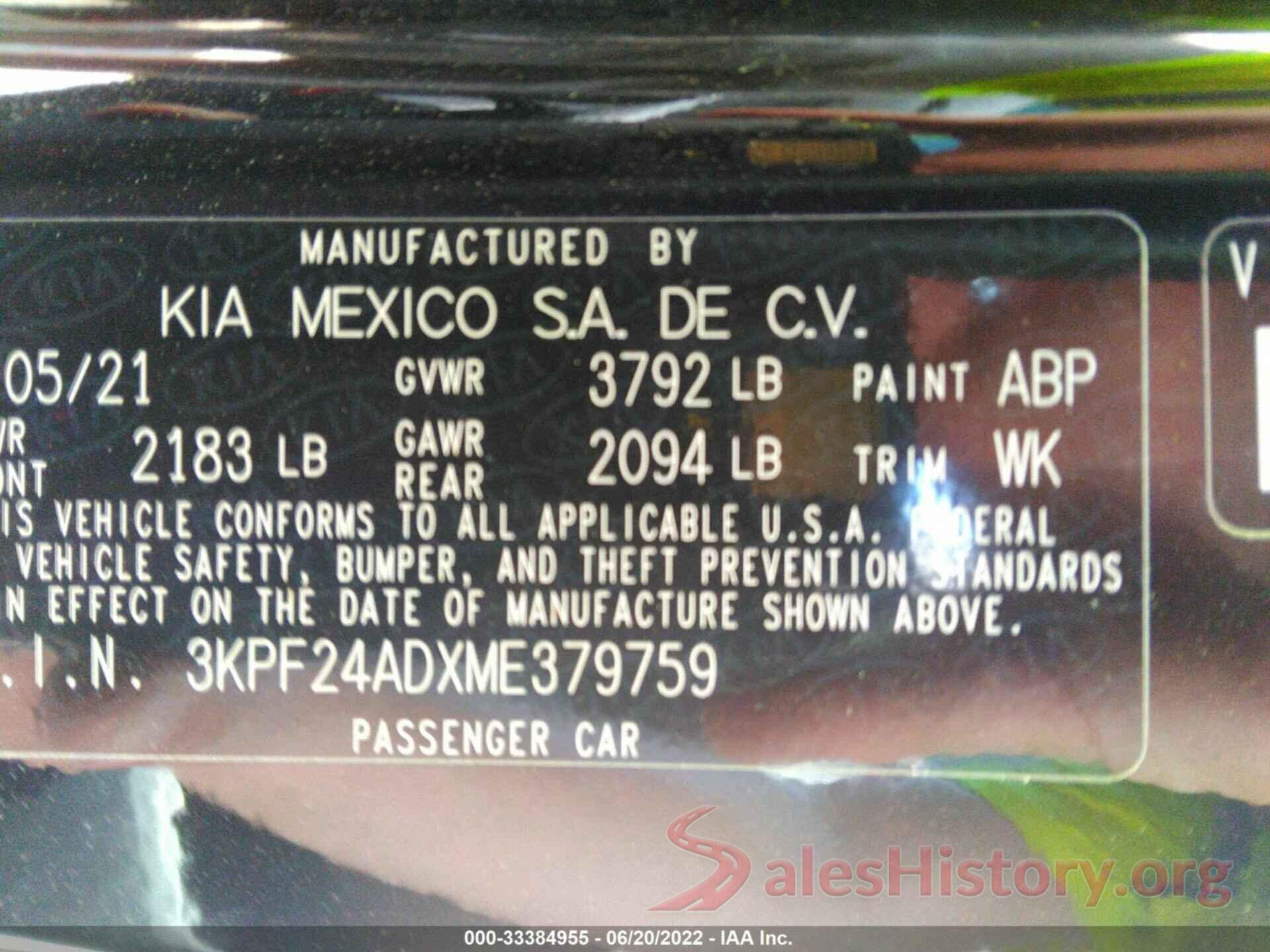 3KPF24ADXME379759 2021 KIA FORTE