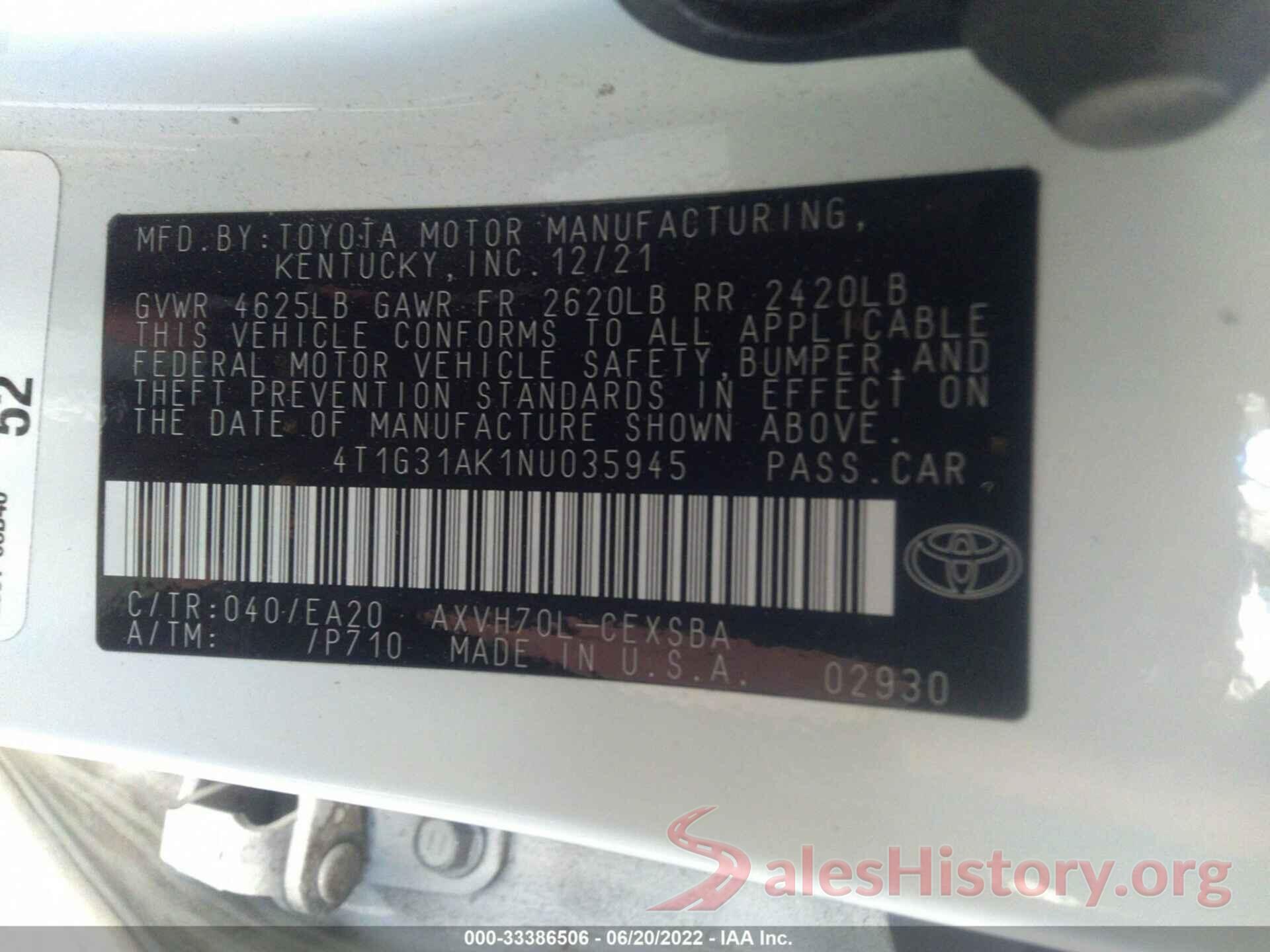 4T1G31AK1NU035945 2022 TOYOTA CAMRY