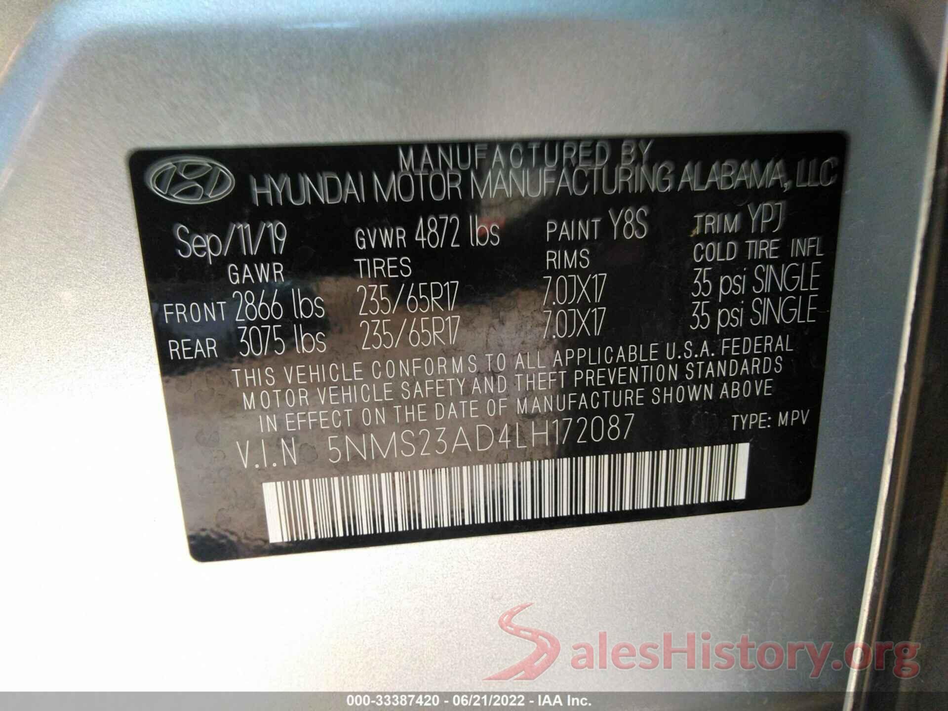 5NMS23AD4LH172087 2020 HYUNDAI SANTA FE