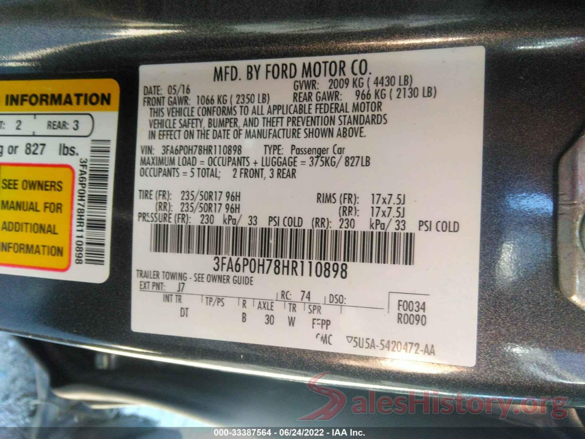 3FA6P0H78HR110898 2017 FORD FUSION