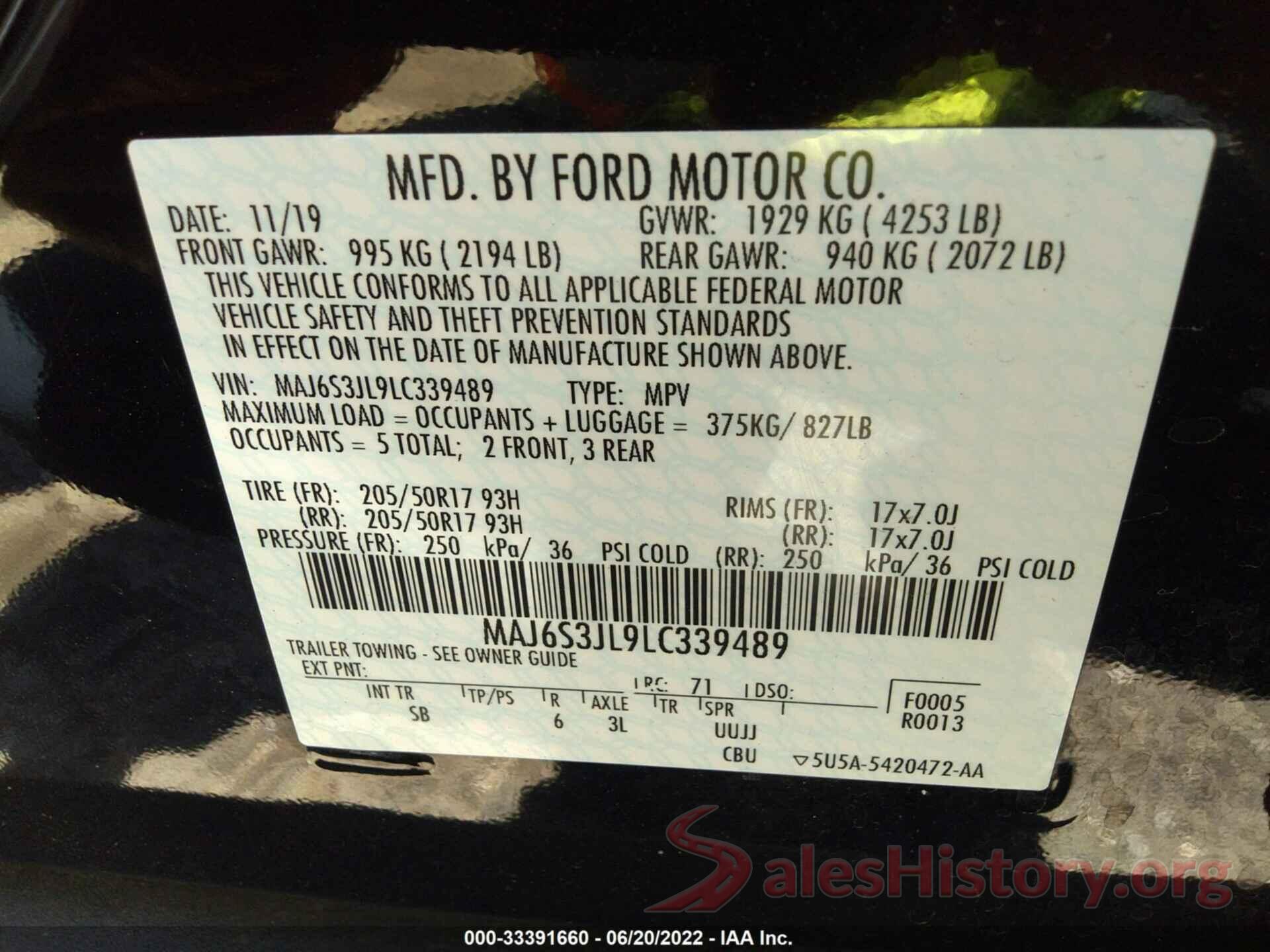 MAJ6S3JL9LC339489 2020 FORD ECOSPORT