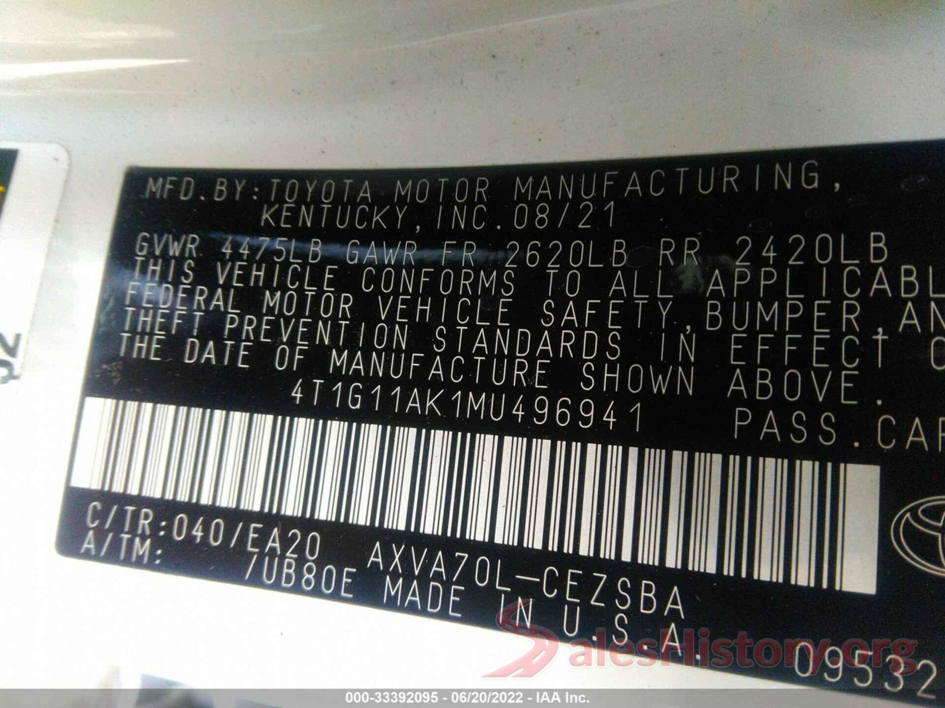 4T1G11AK1MU496941 2021 TOYOTA CAMRY