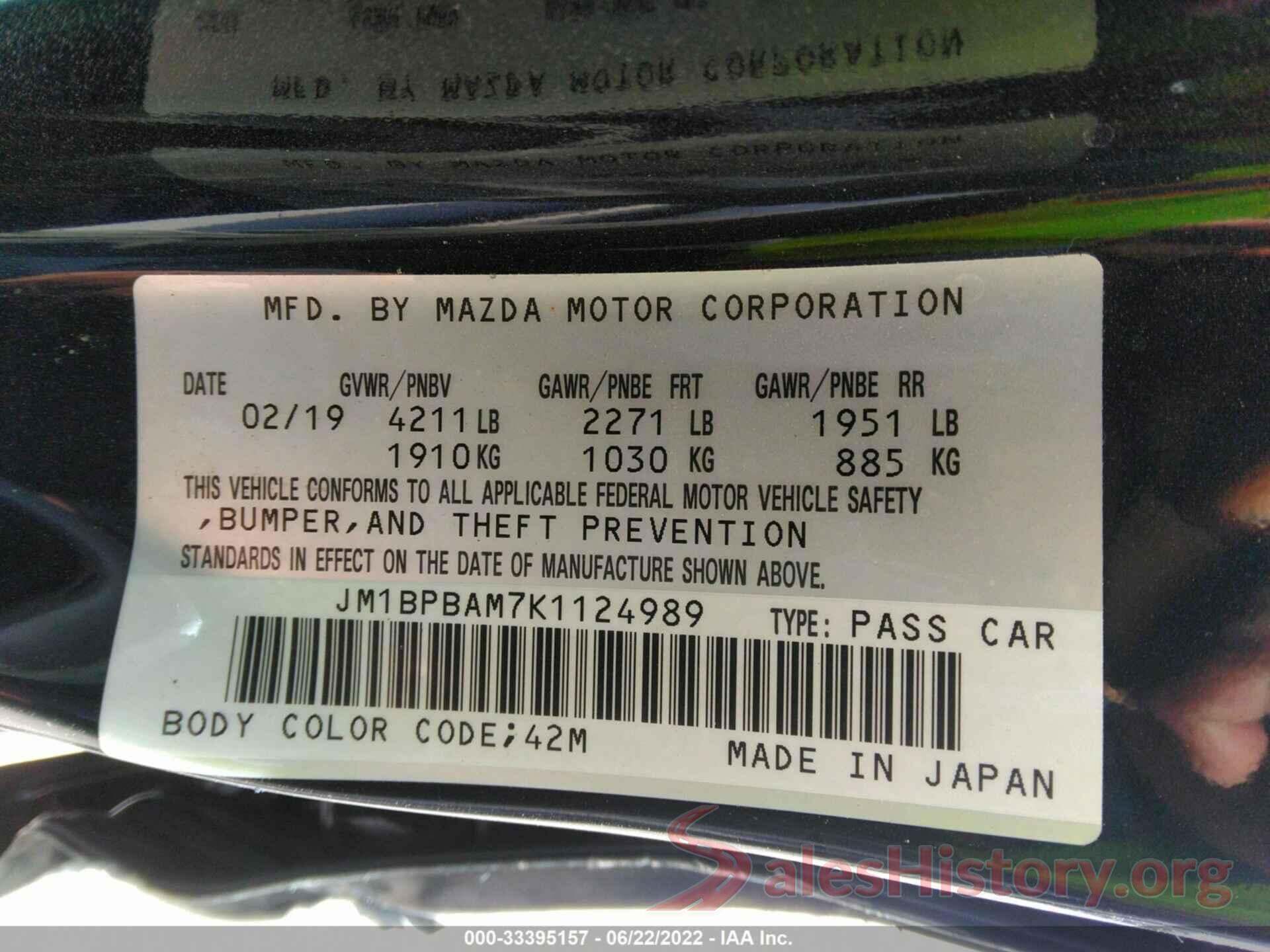 JM1BPBAM7K1124989 2019 MAZDA MAZDA3 SEDAN