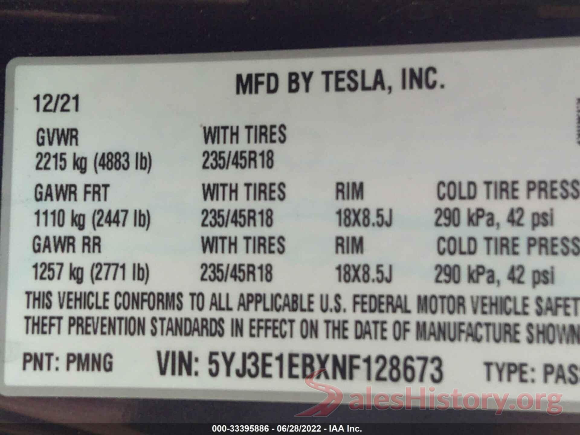 5YJ3E1EBXNF128673 2022 TESLA MODEL 3