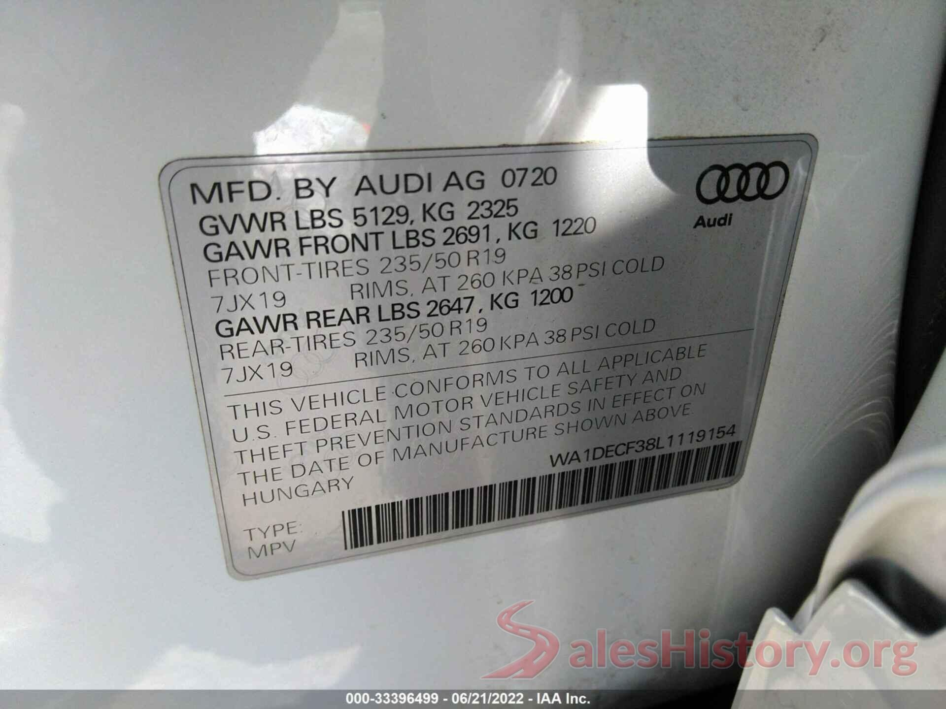 WA1DECF38L1119154 2020 AUDI Q3