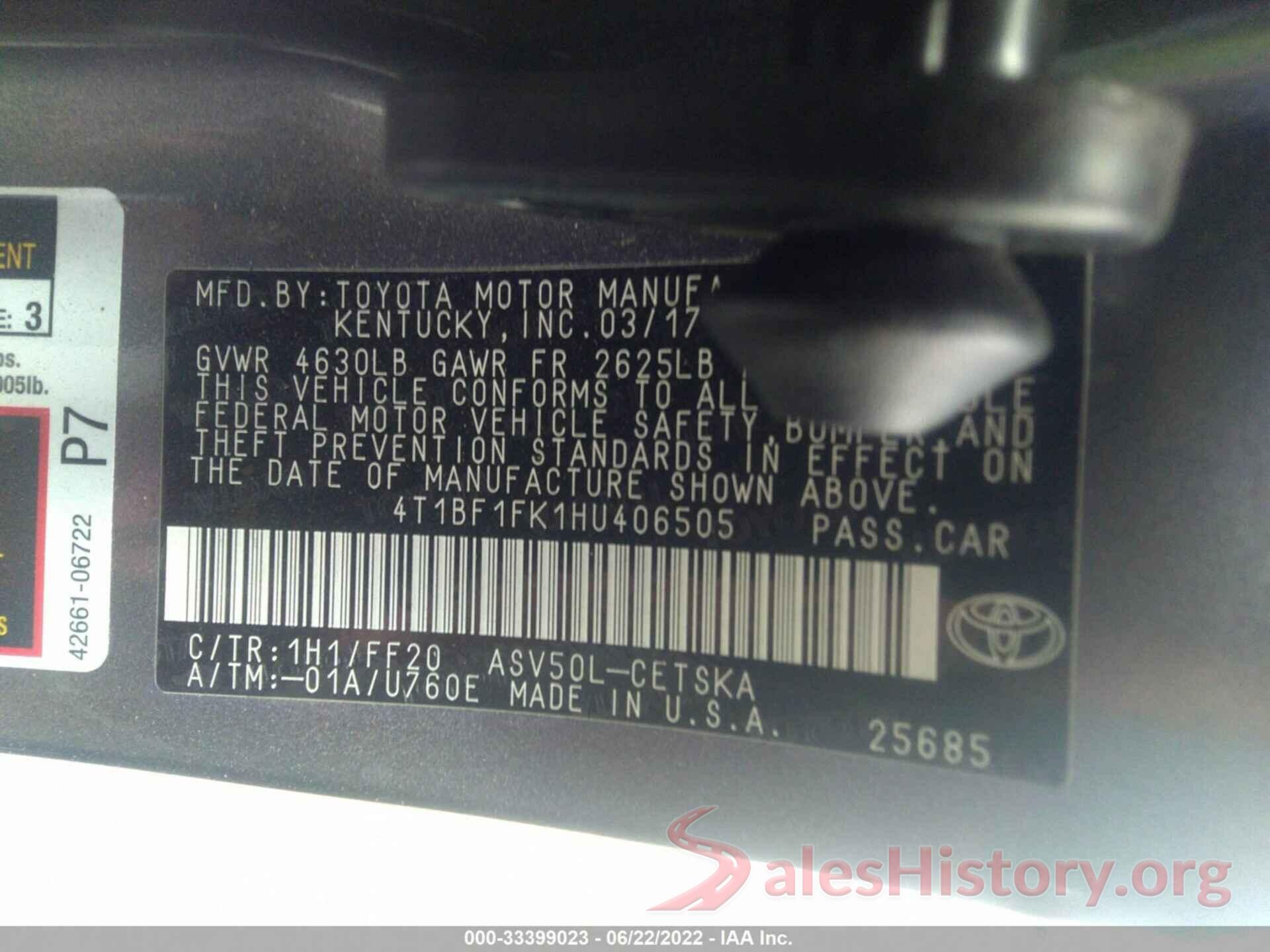 4T1BF1FK1HU406505 2017 TOYOTA CAMRY