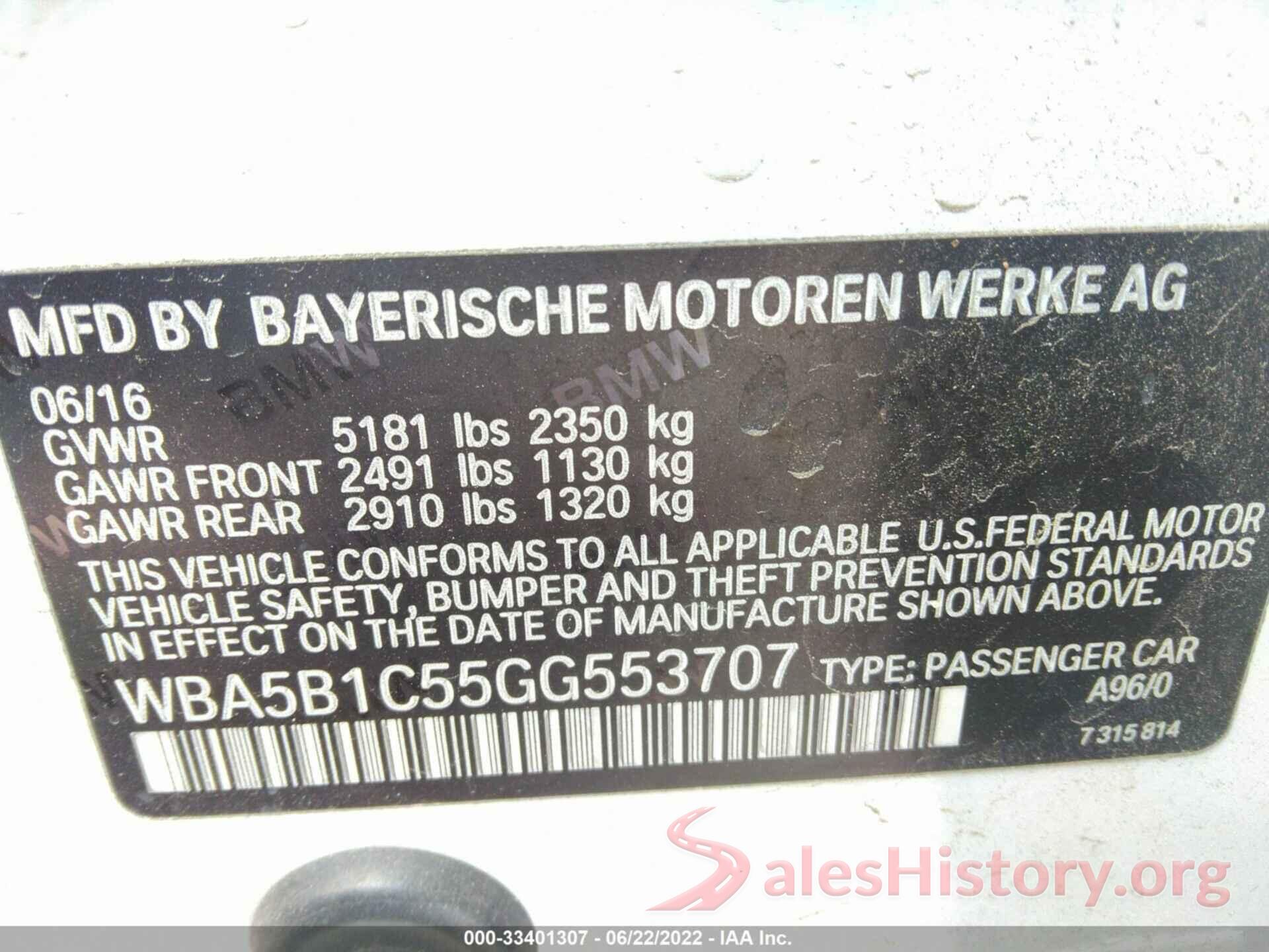 WBA5B1C55GG553707 2016 BMW 5 SERIES