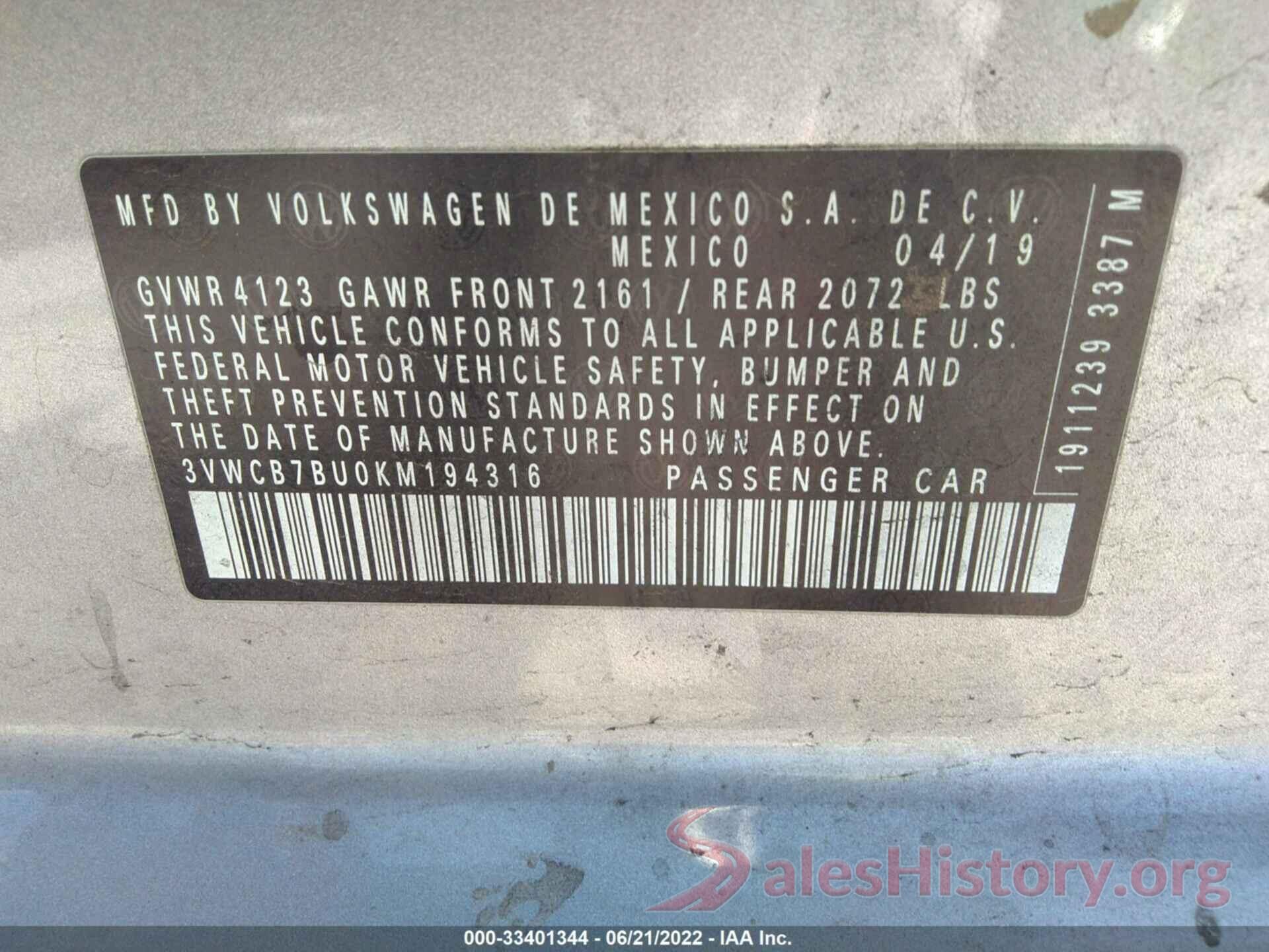 3VWCB7BU0KM194316 2019 VOLKSWAGEN JETTA