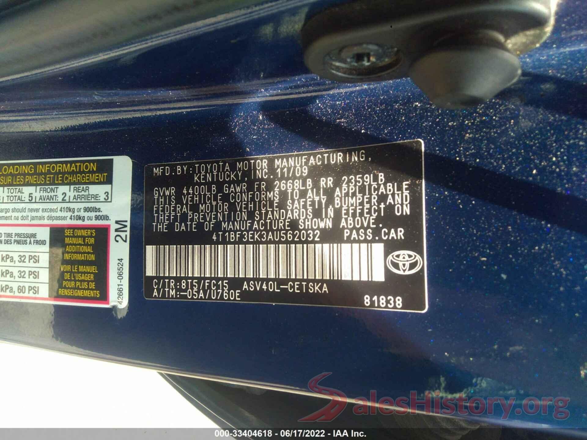 4T1BF3EK3AU562032 2010 TOYOTA CAMRY