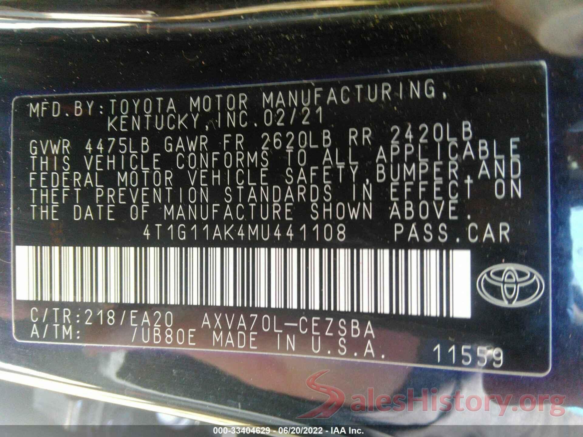 4T1G11AK4MU441108 2021 TOYOTA CAMRY