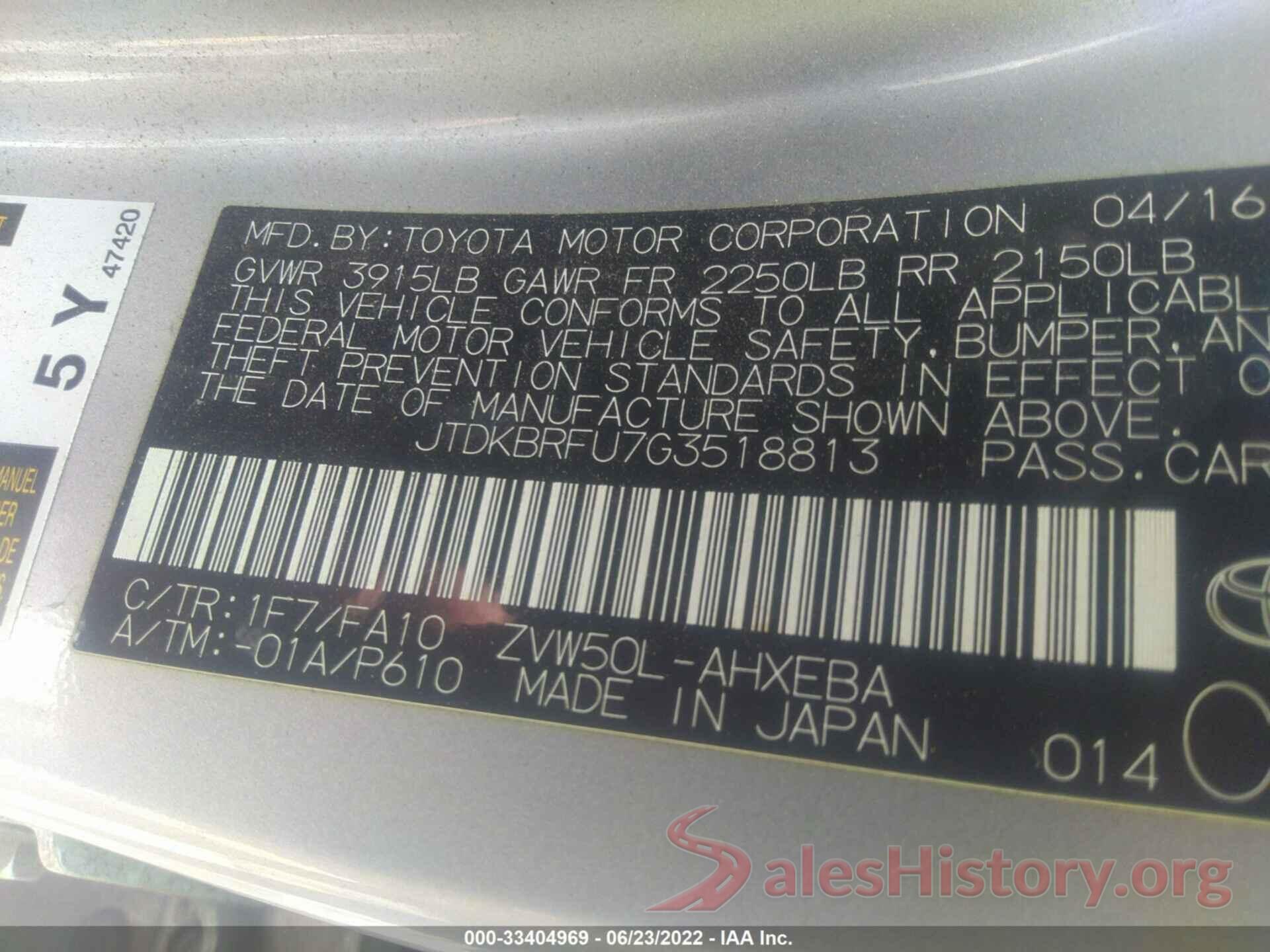 JTDKBRFU7G3518813 2016 TOYOTA PRIUS