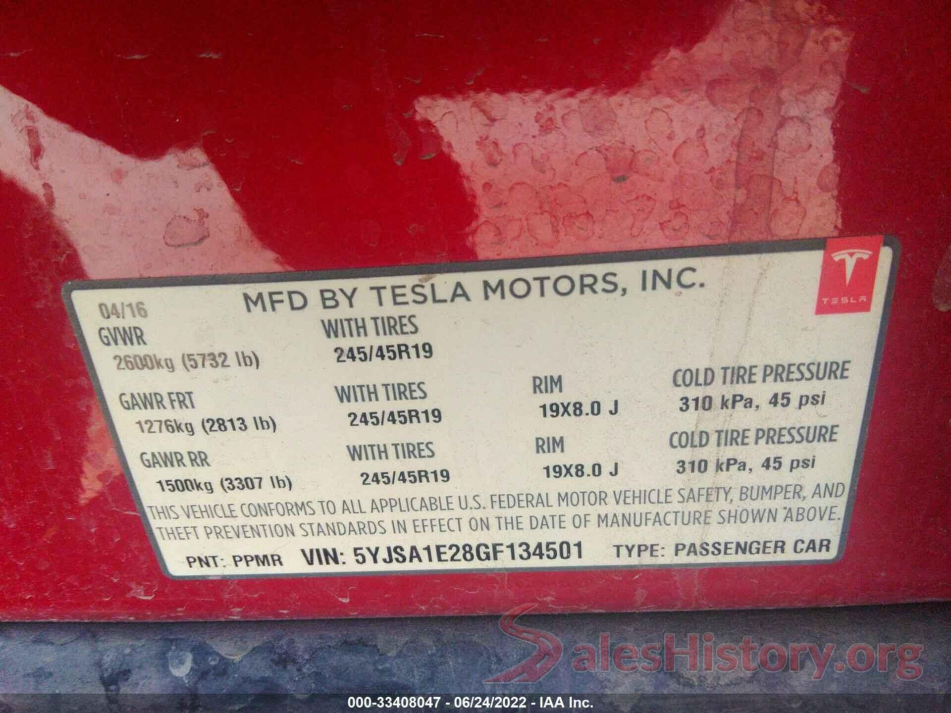 5YJSA1E28GF134501 2016 TESLA MODEL S