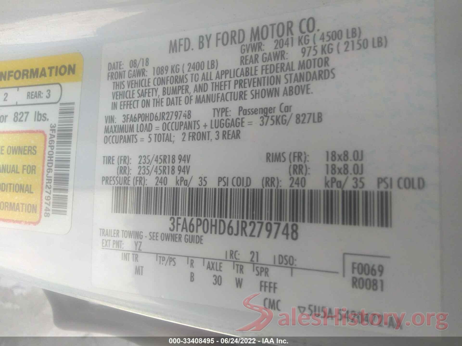 3FA6P0HD6JR279748 2018 FORD FUSION