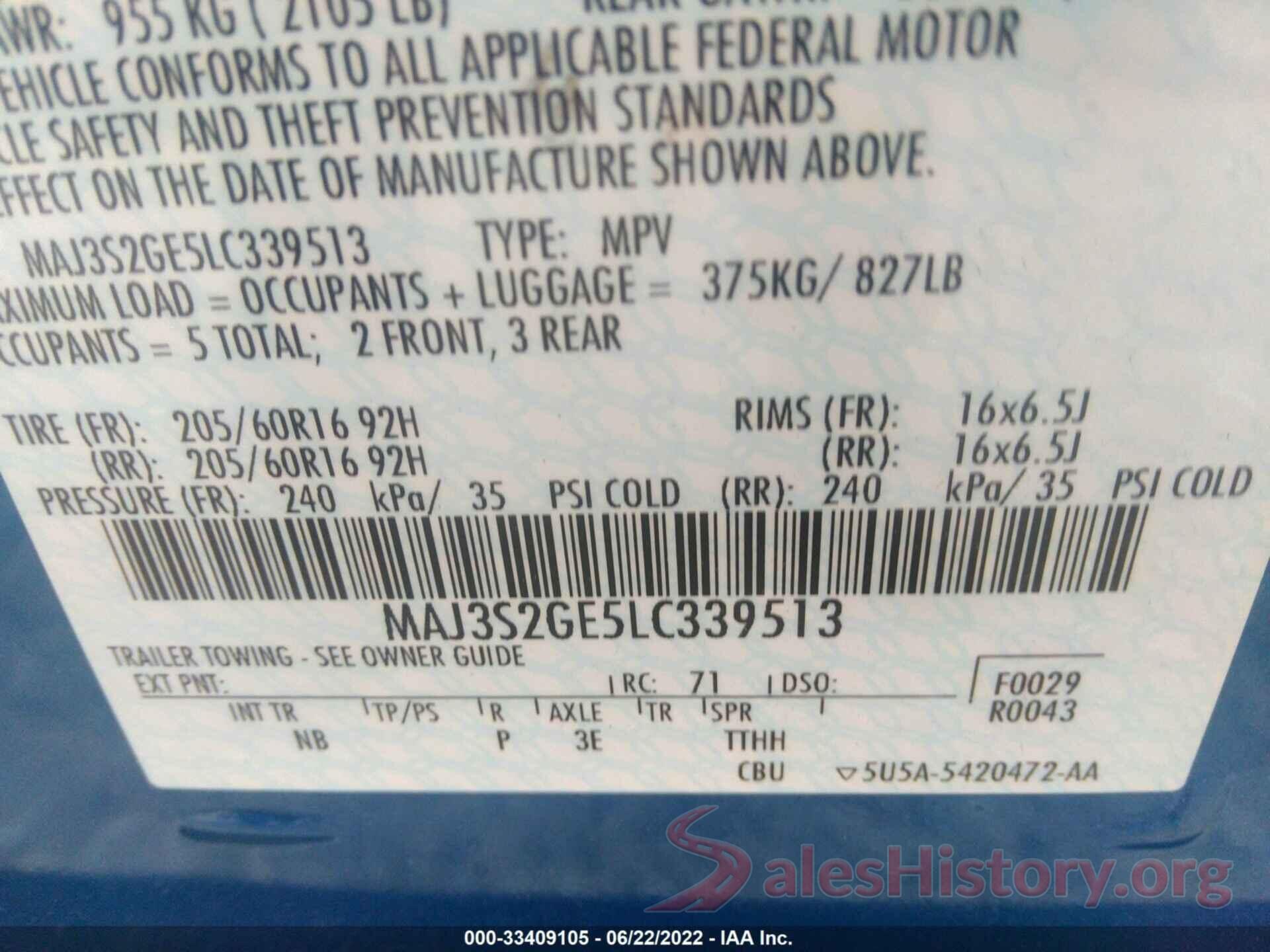 MAJ3S2GE5LC339513 2020 FORD ECOSPORT