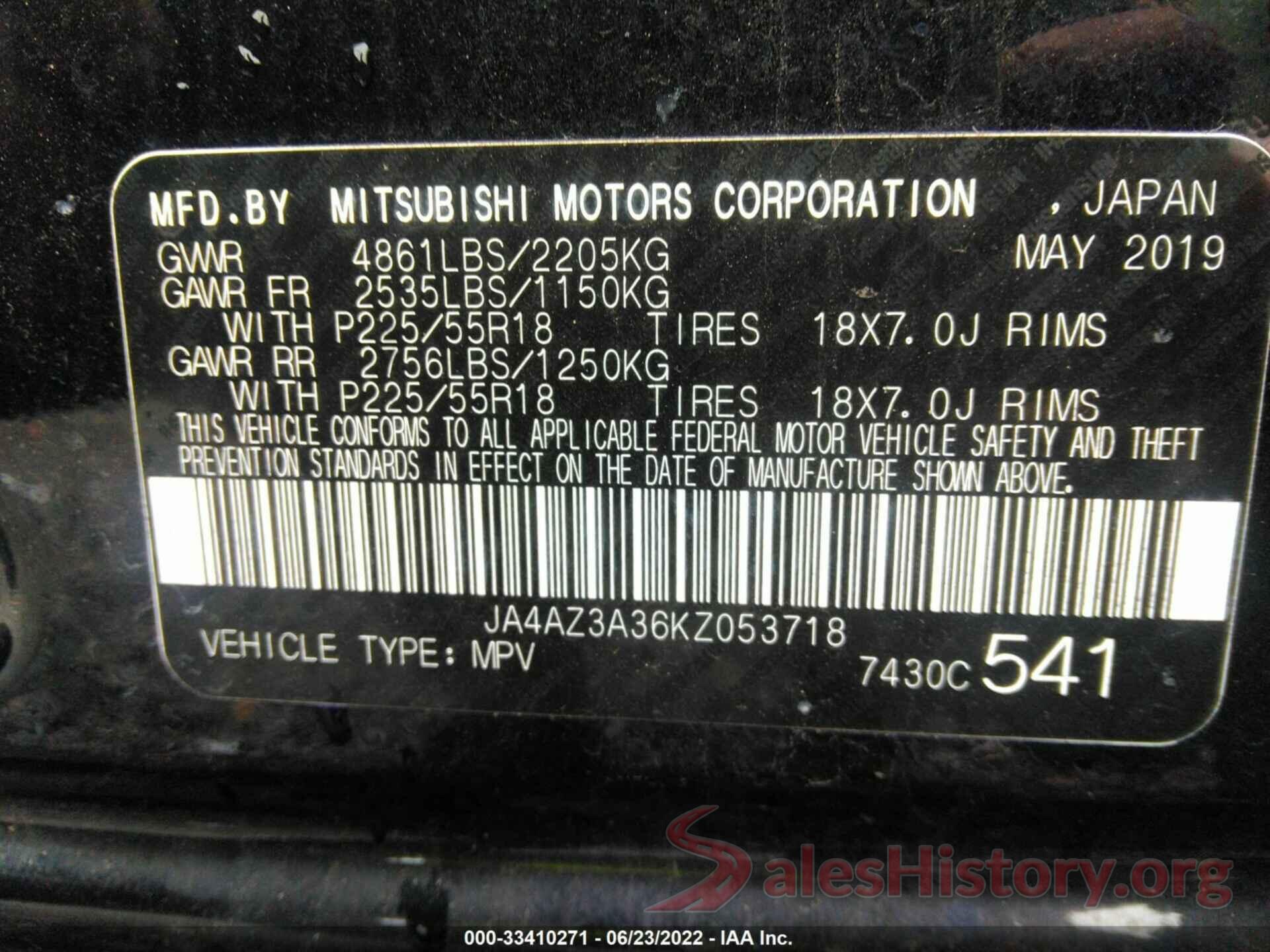 JA4AZ3A36KZ053718 2019 MITSUBISHI OUTLANDER