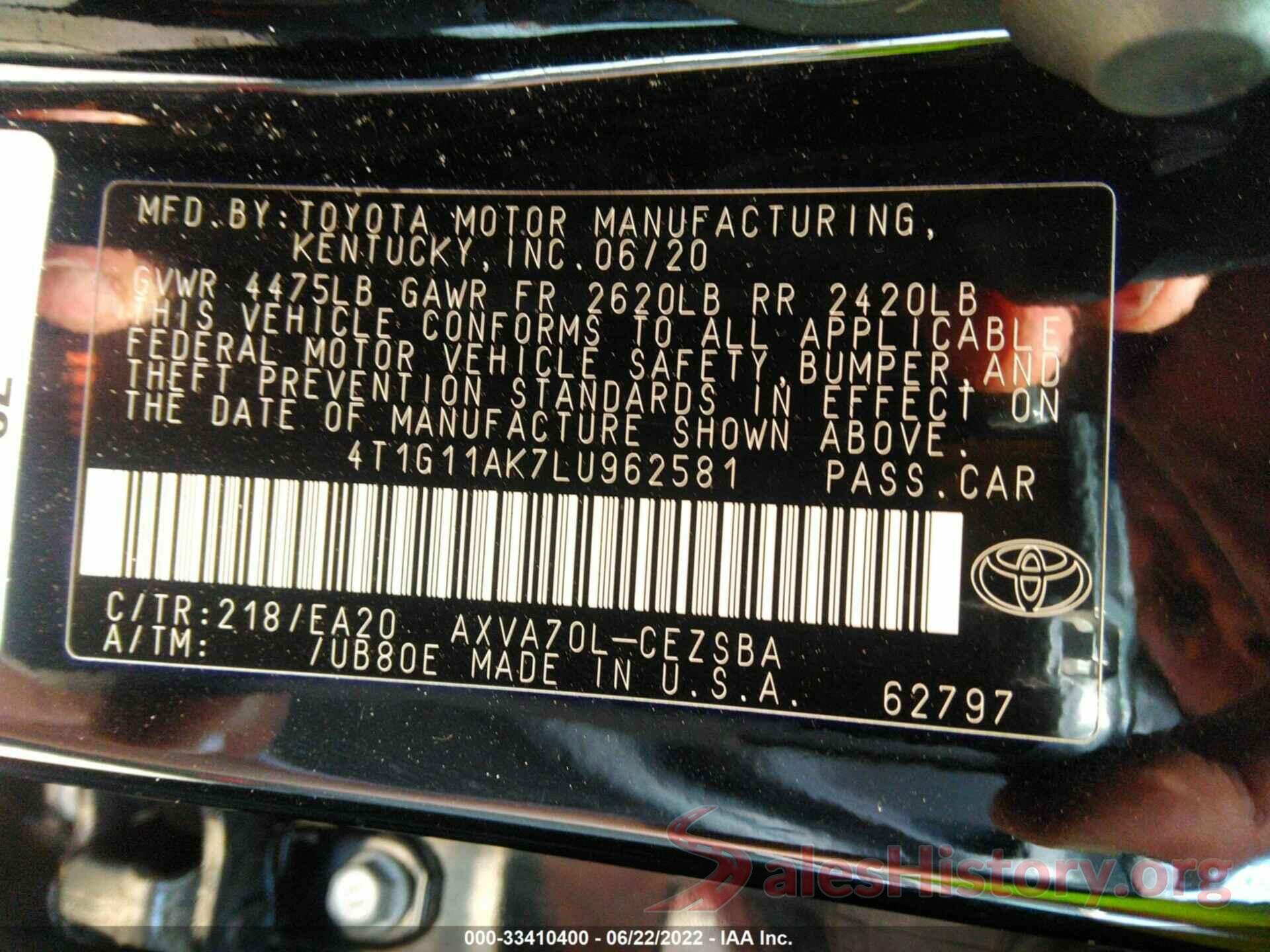 4T1G11AK7LU962581 2020 TOYOTA CAMRY