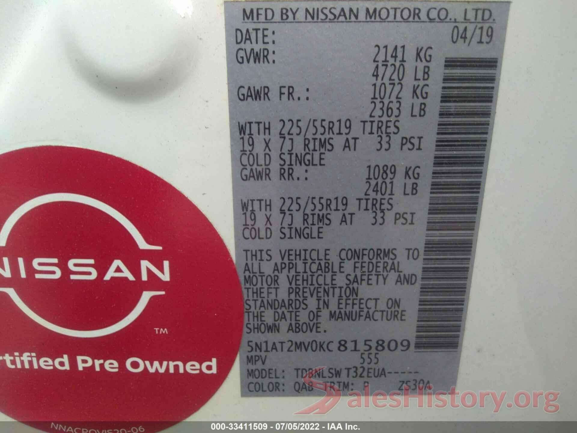 5N1AT2MV0KC815809 2019 NISSAN ROGUE