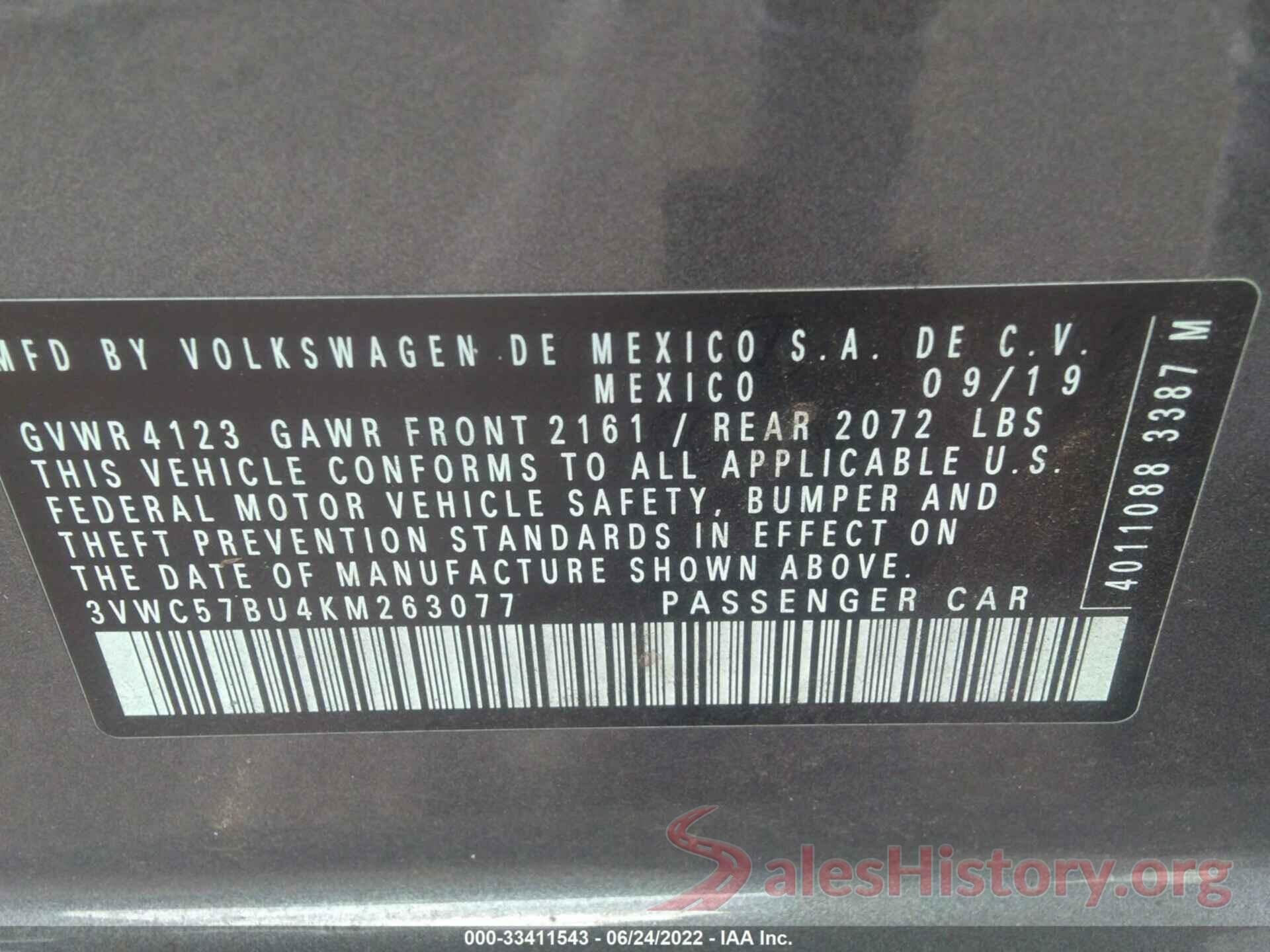 3VWC57BU4KM263077 2019 VOLKSWAGEN JETTA