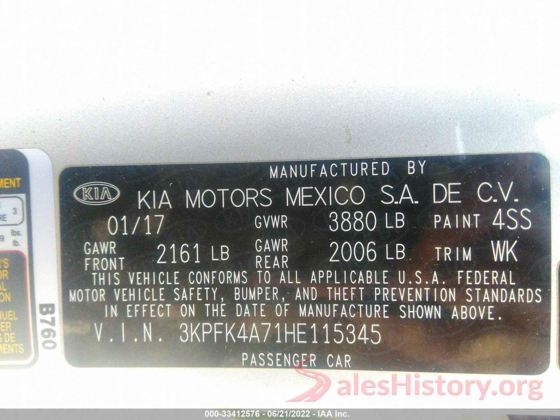 3KPFK4A71HE115345 2017 KIA FORTE