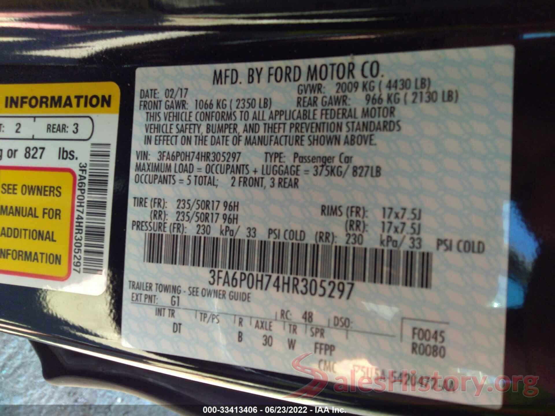 3FA6P0H74HR305297 2017 FORD FUSION