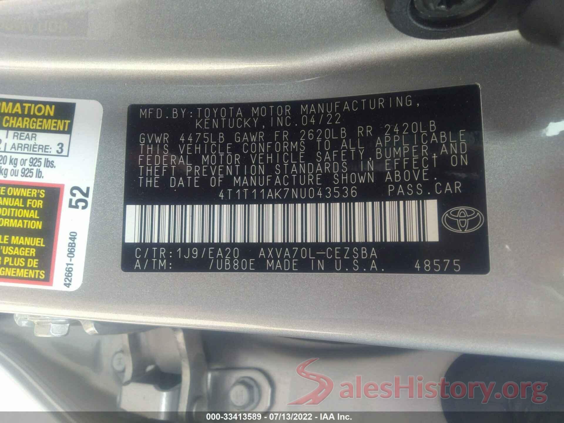 4T1T11AK7NU043536 2022 TOYOTA CAMRY