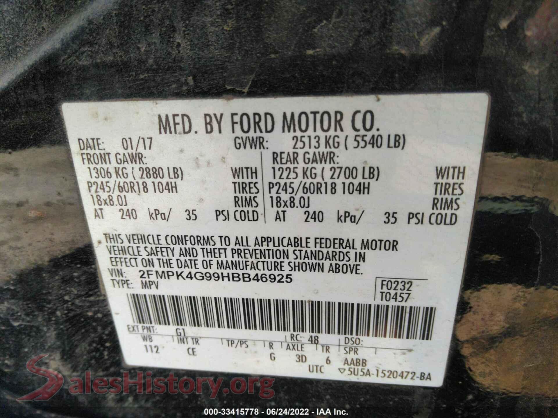 2017 FORD EDGE VIN 2FMPK4G99HBB46925, engine bay