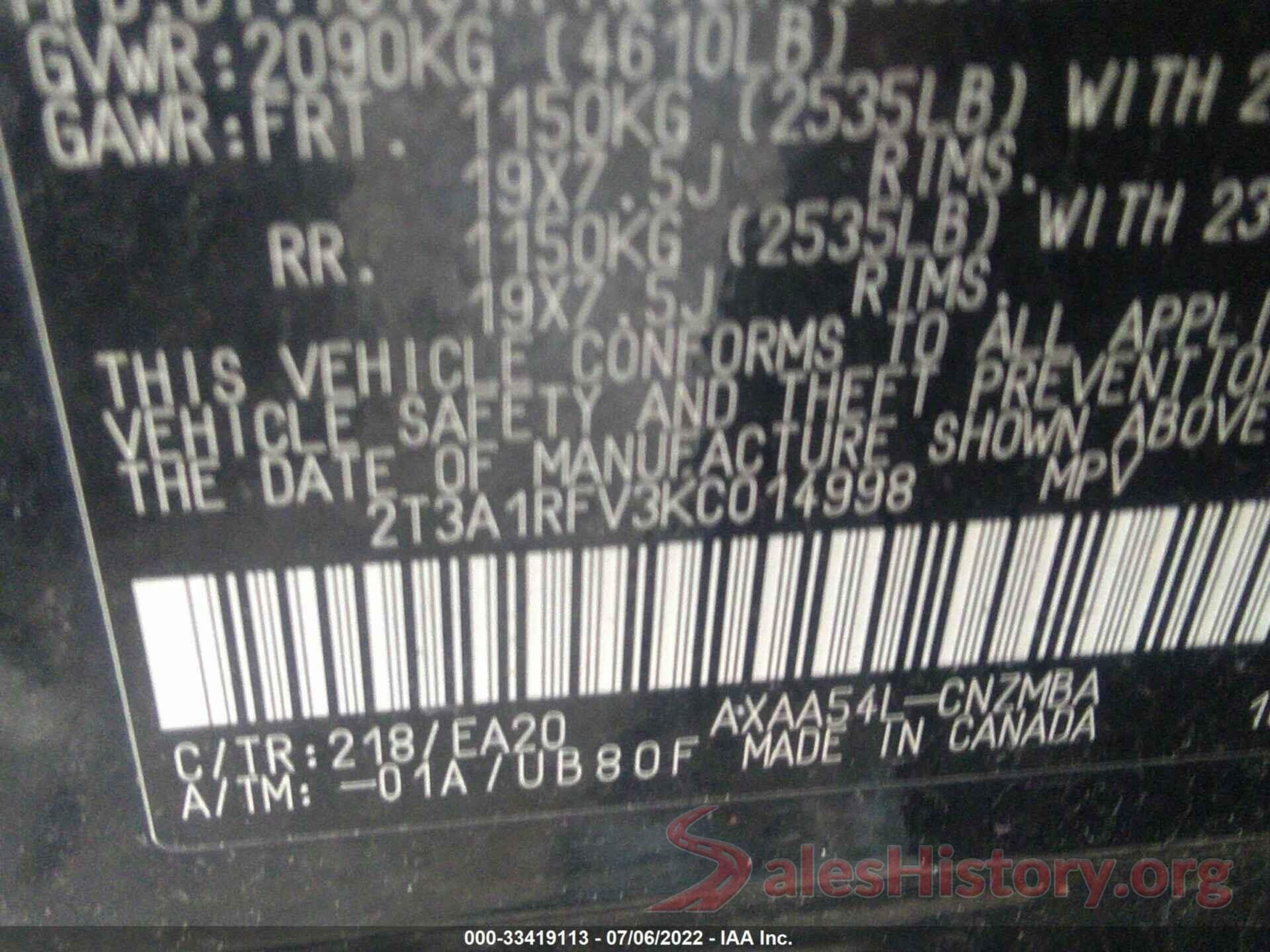 2T3A1RFV3KC014998 2019 TOYOTA RAV4