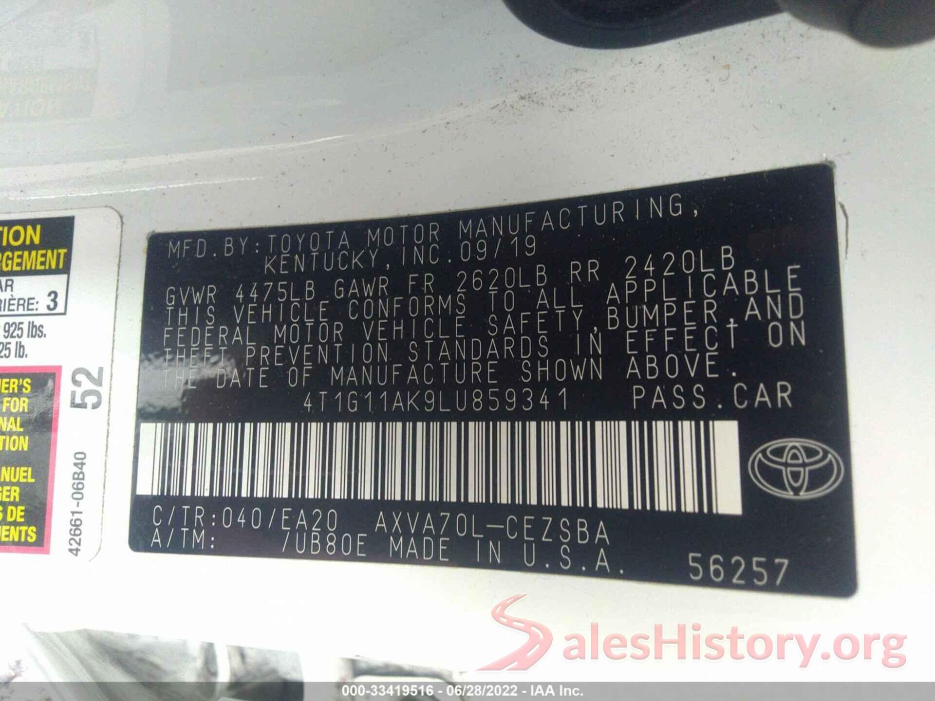 4T1G11AK9LU859341 2020 TOYOTA CAMRY